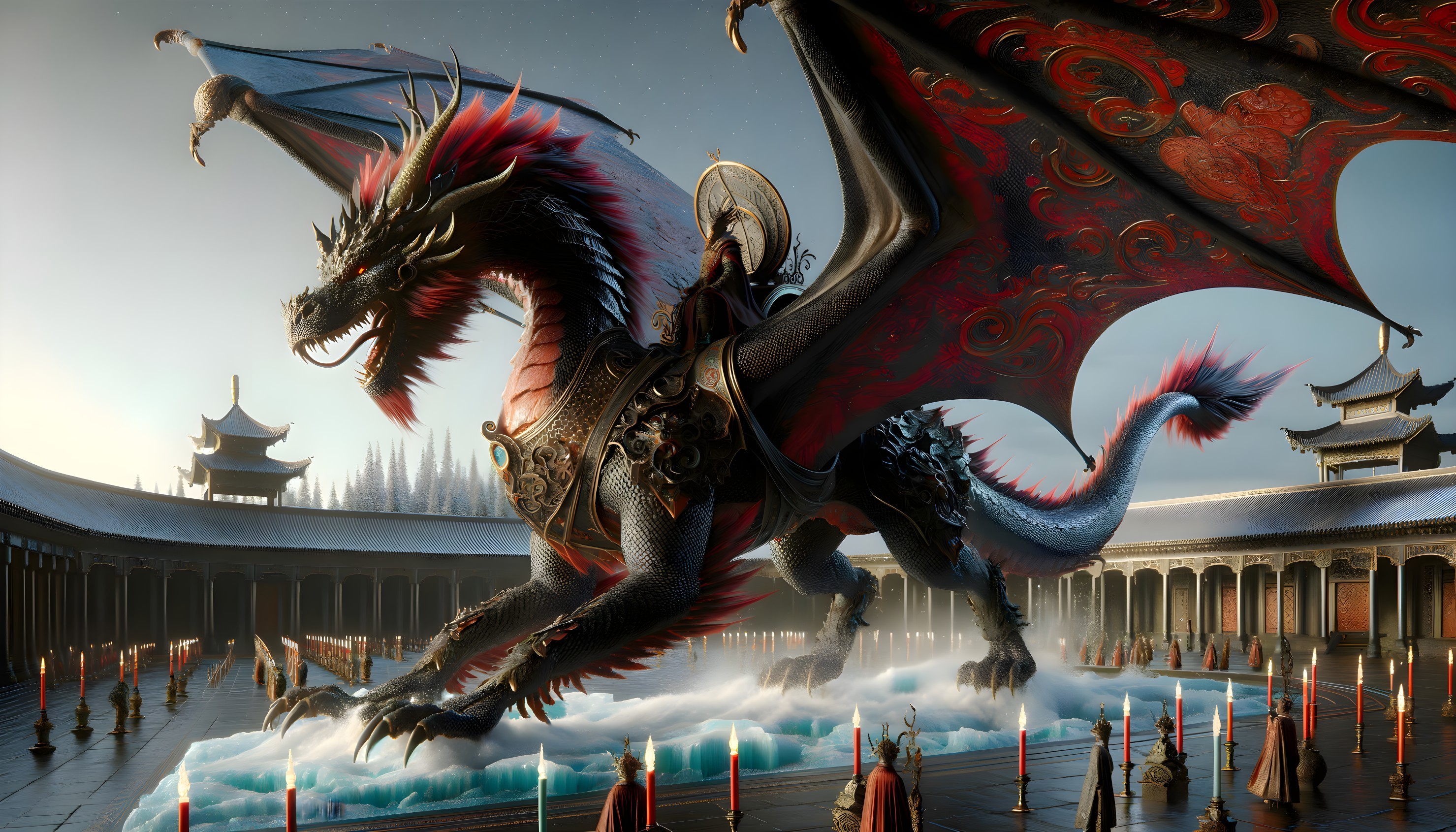 Black and Red Dragon with Rider near Asian Palace