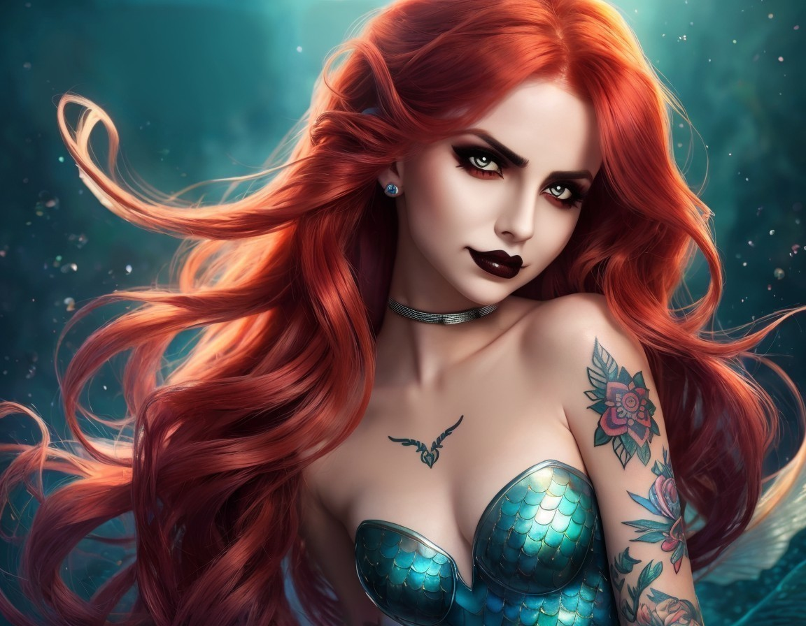 Digital artwork of woman with red hair, choker, and tattoos