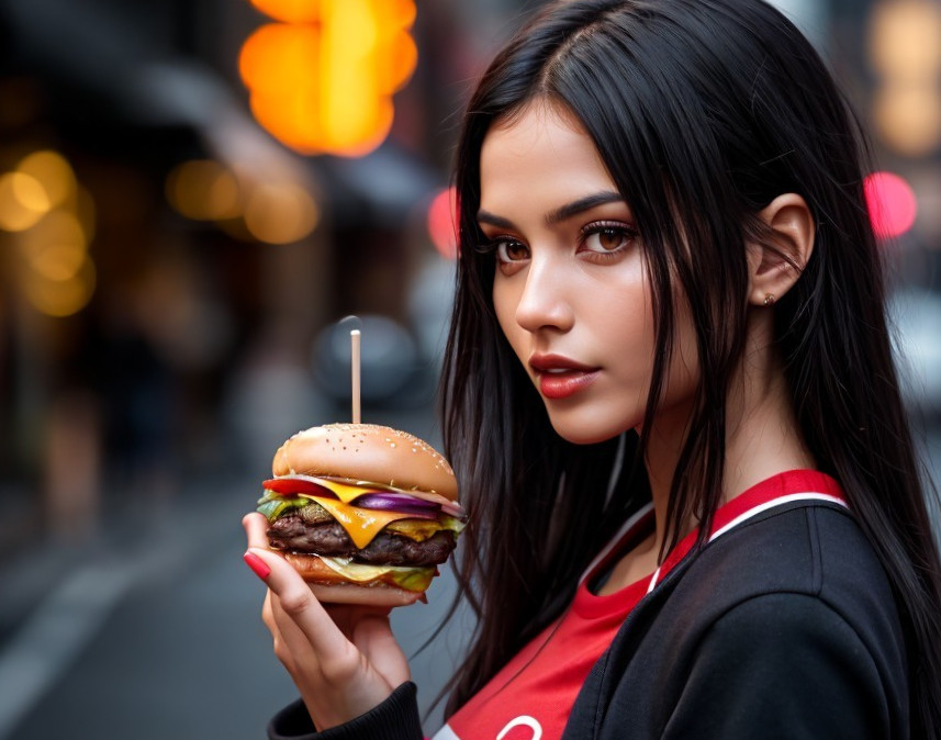 Dark-haired woman with bold makeup holding a juicy burger in city lights.