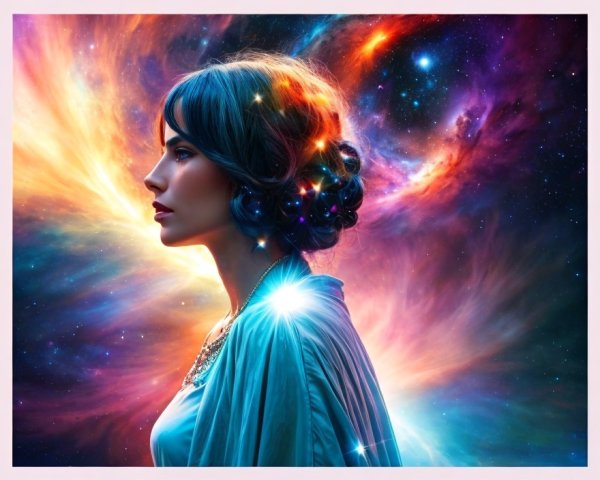 Dark-Haired Woman in Blue Dress on Vibrant Cosmic Background
