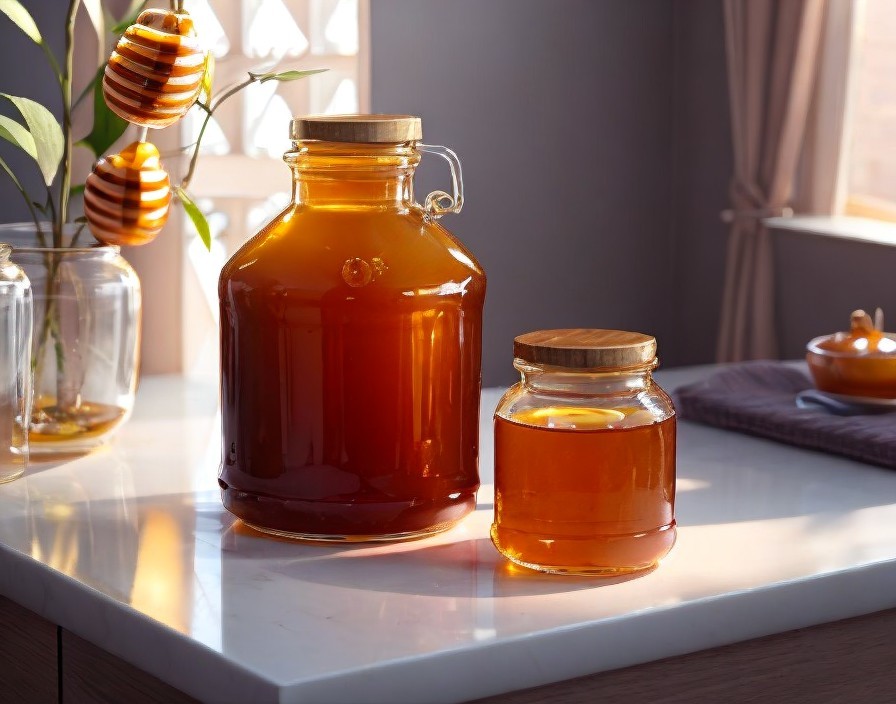 Golden honey jars with dipper in warm sunlight.
