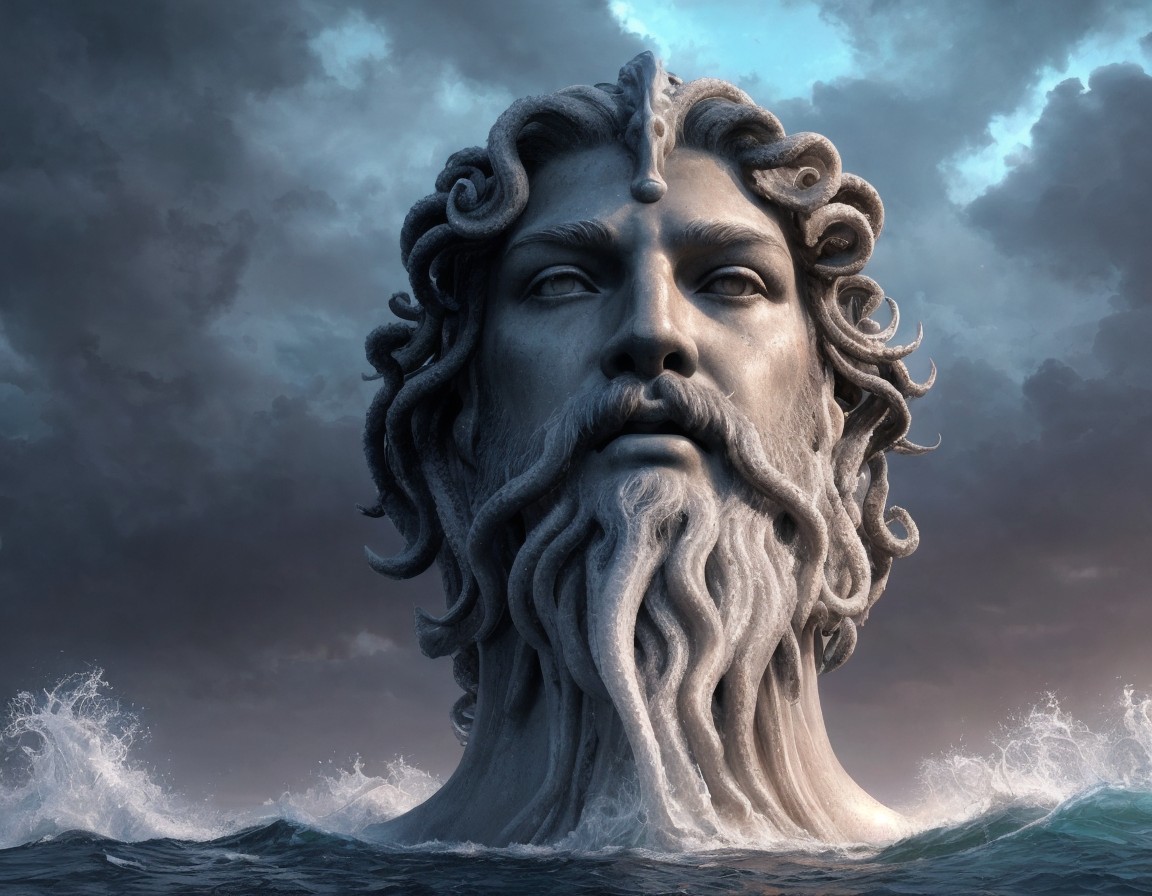 Bearded man's head statue emerges from ocean waves under stormy sky