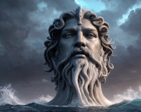 Bearded man's head statue emerges from ocean waves under stormy sky