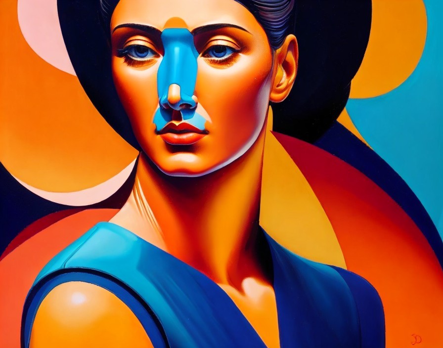 Vibrant abstract painting of woman with exaggerated facial features in blue