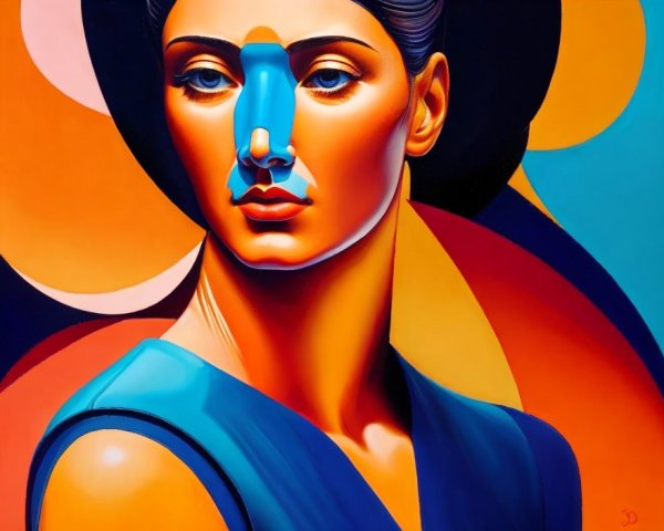 Vibrant abstract painting of woman with exaggerated facial features in blue