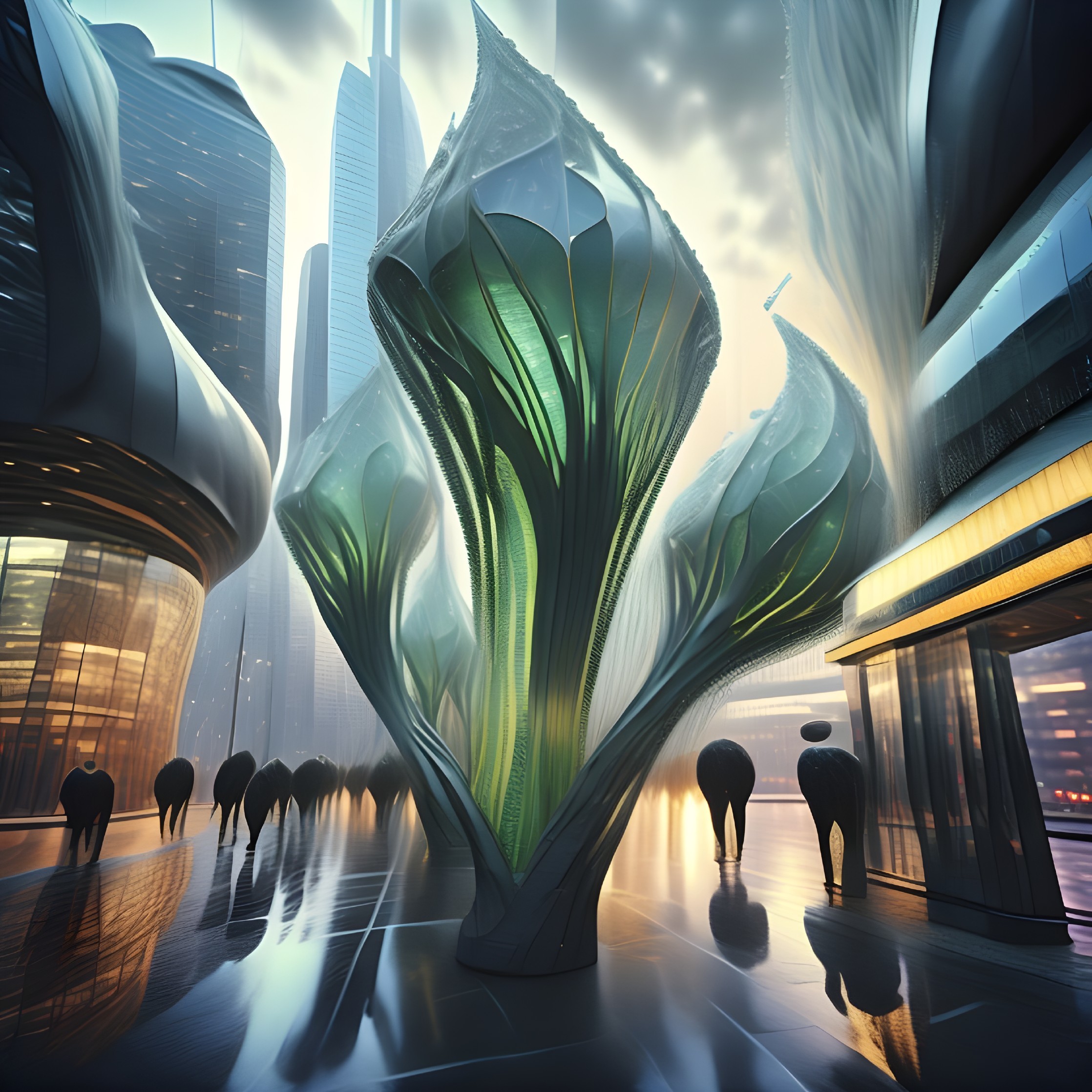 Futuristic cityscape with organic architecture and light