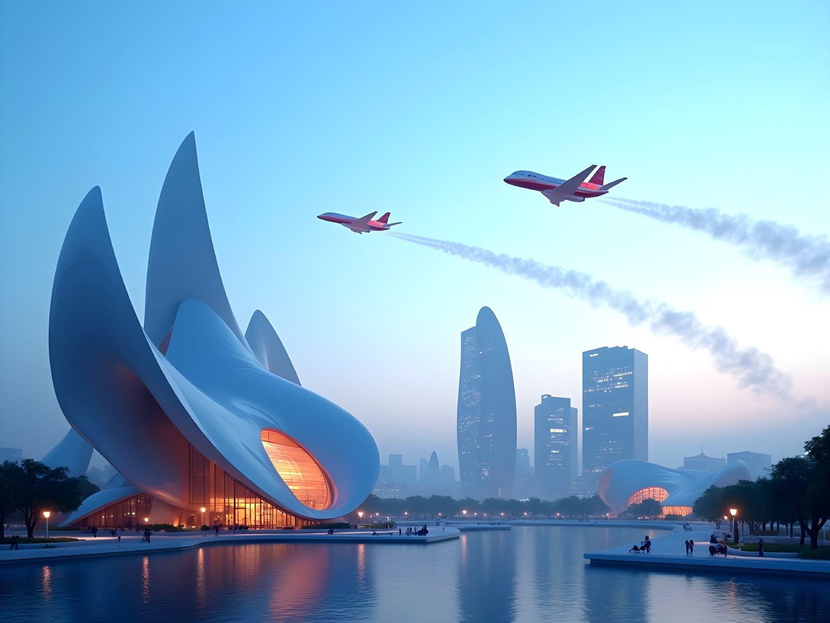 Futuristic cityscape with serene water reflections