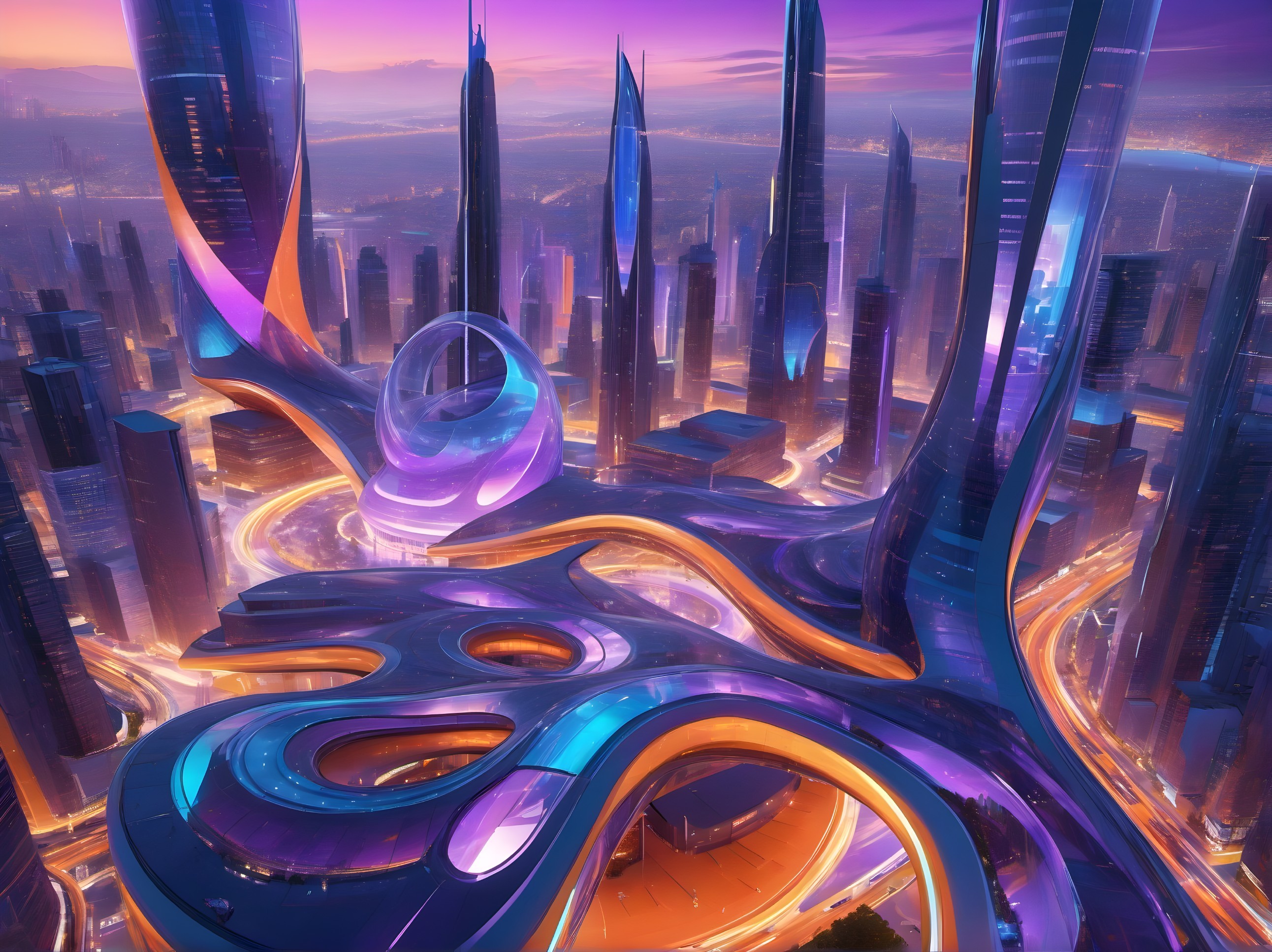 Futuristic Cityscape at Twilight with Vibrant Colors