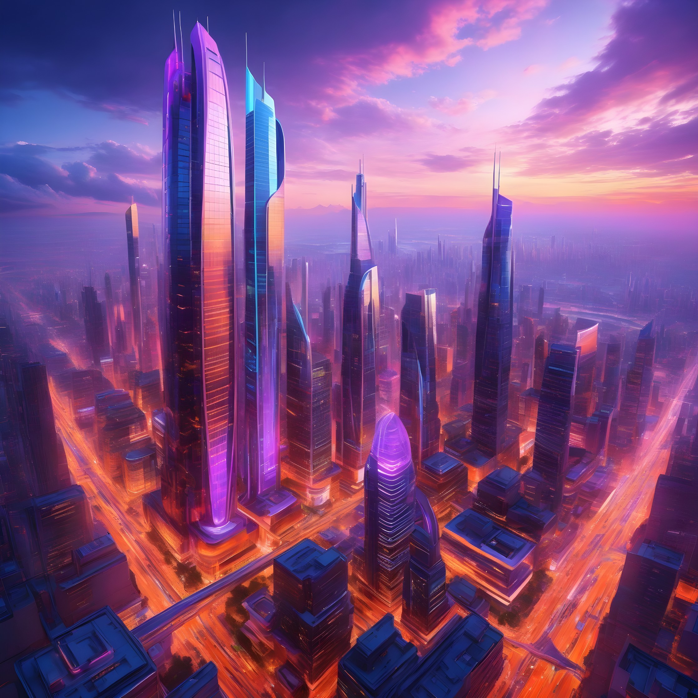 Futuristic City Skyline at Dusk with Vibrant Colors