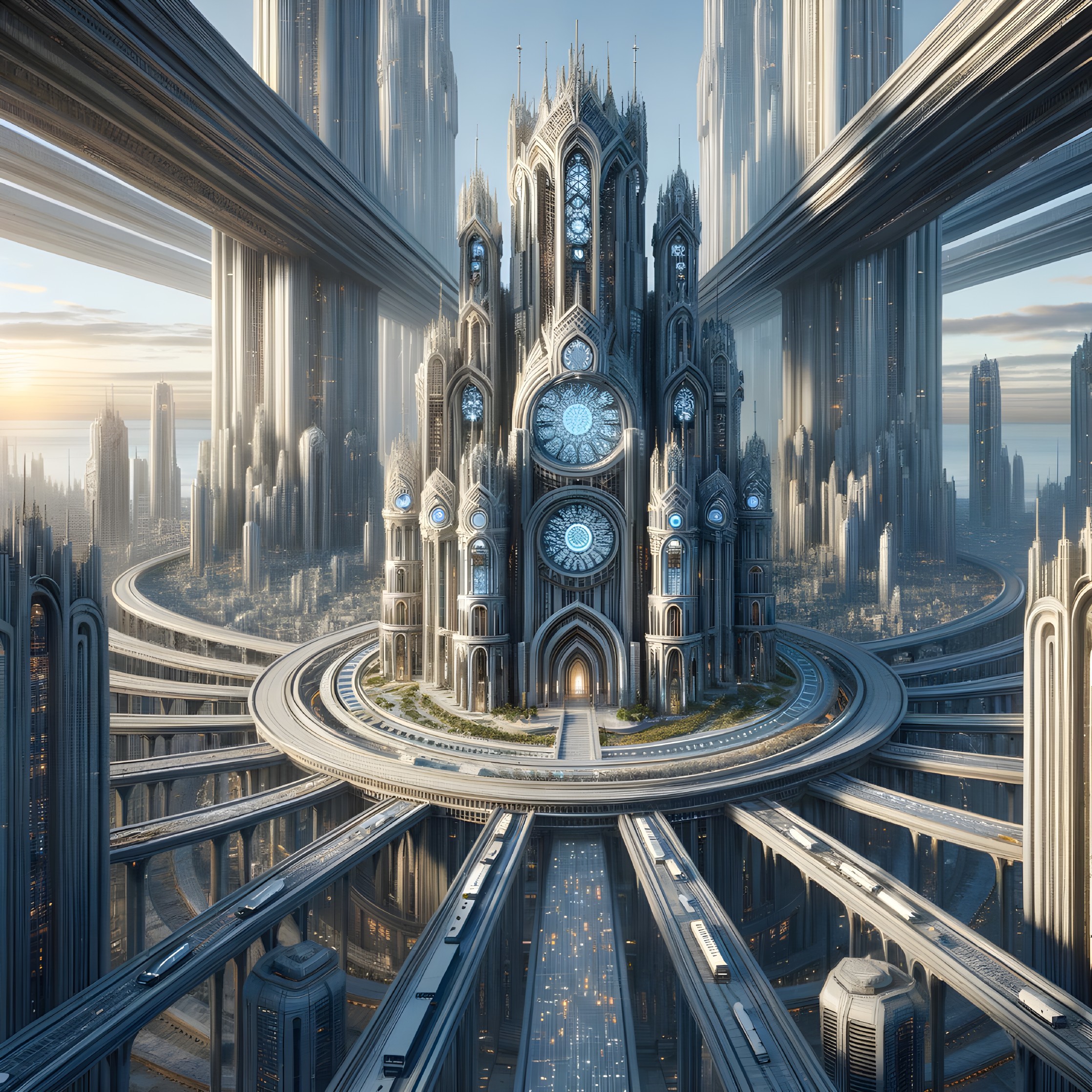 Futuristic cityscape with ornate cathedral and skyscrapers