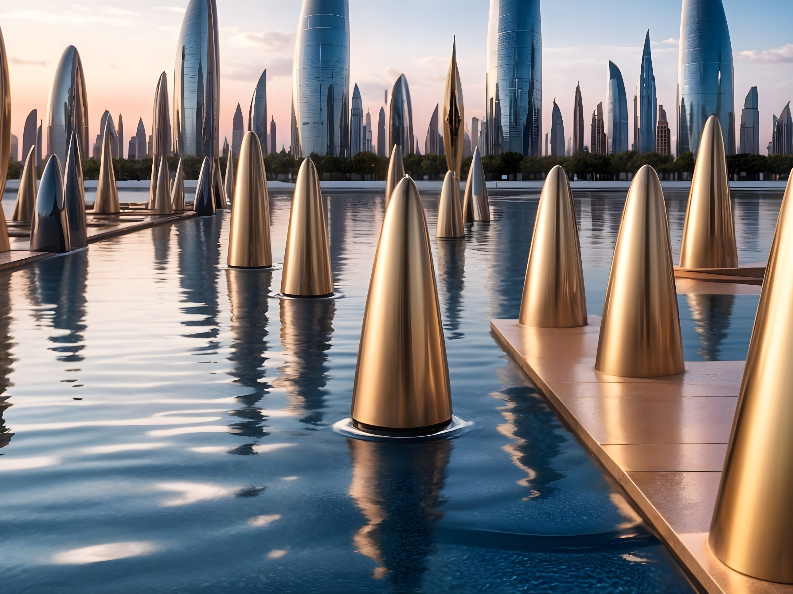 Waterfront Scene with Golden Sculptures and Skyscrapers