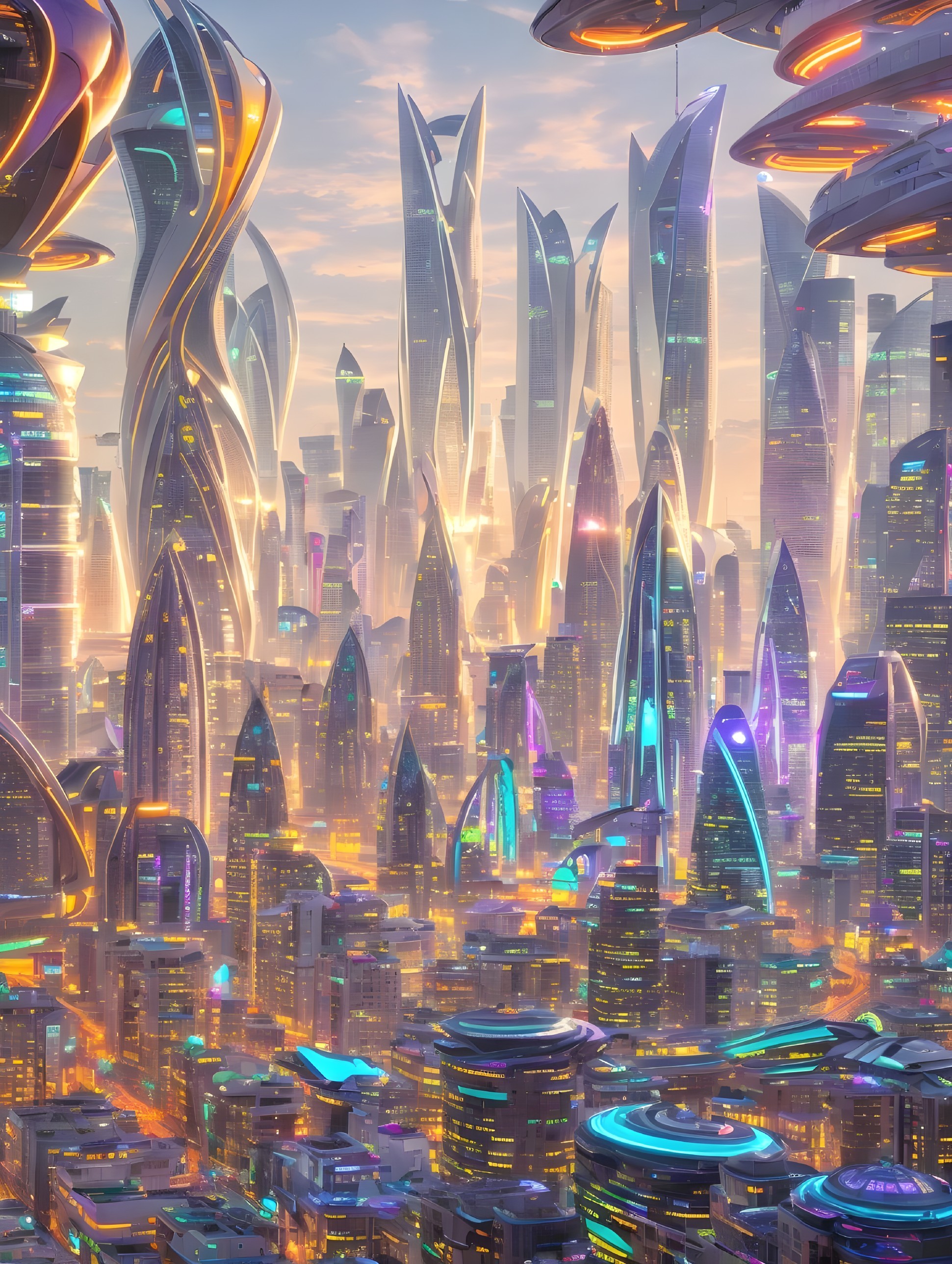 Futuristic cityscape with neon lights and skyscrapers