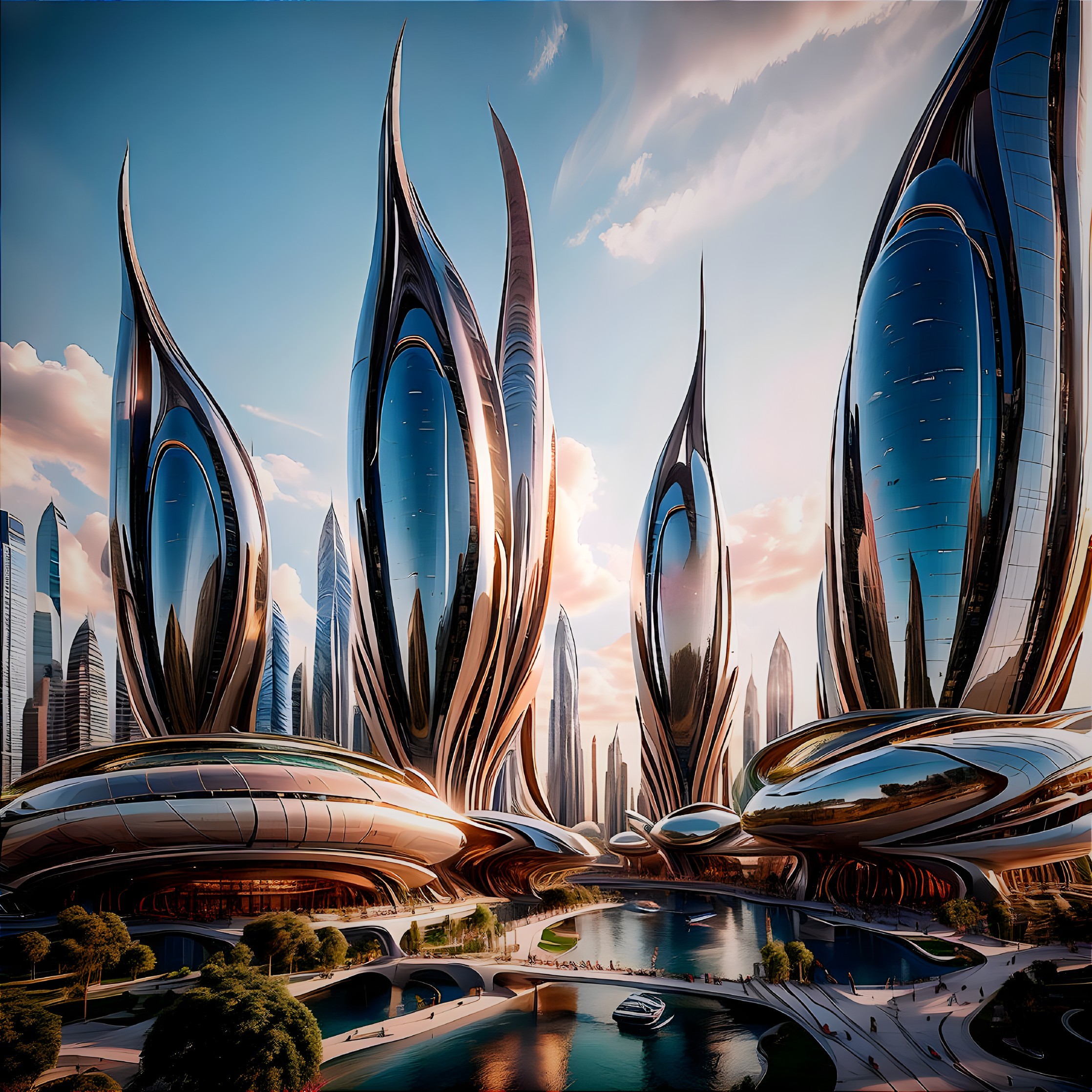 Futuristic cityscape with elegant petal-like structures