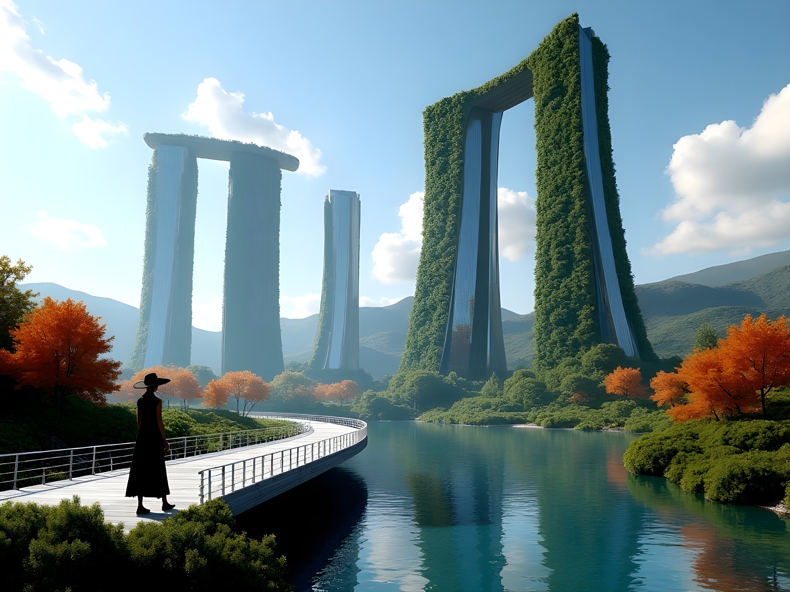 Serene Landscape with Futuristic Architecture and Nature