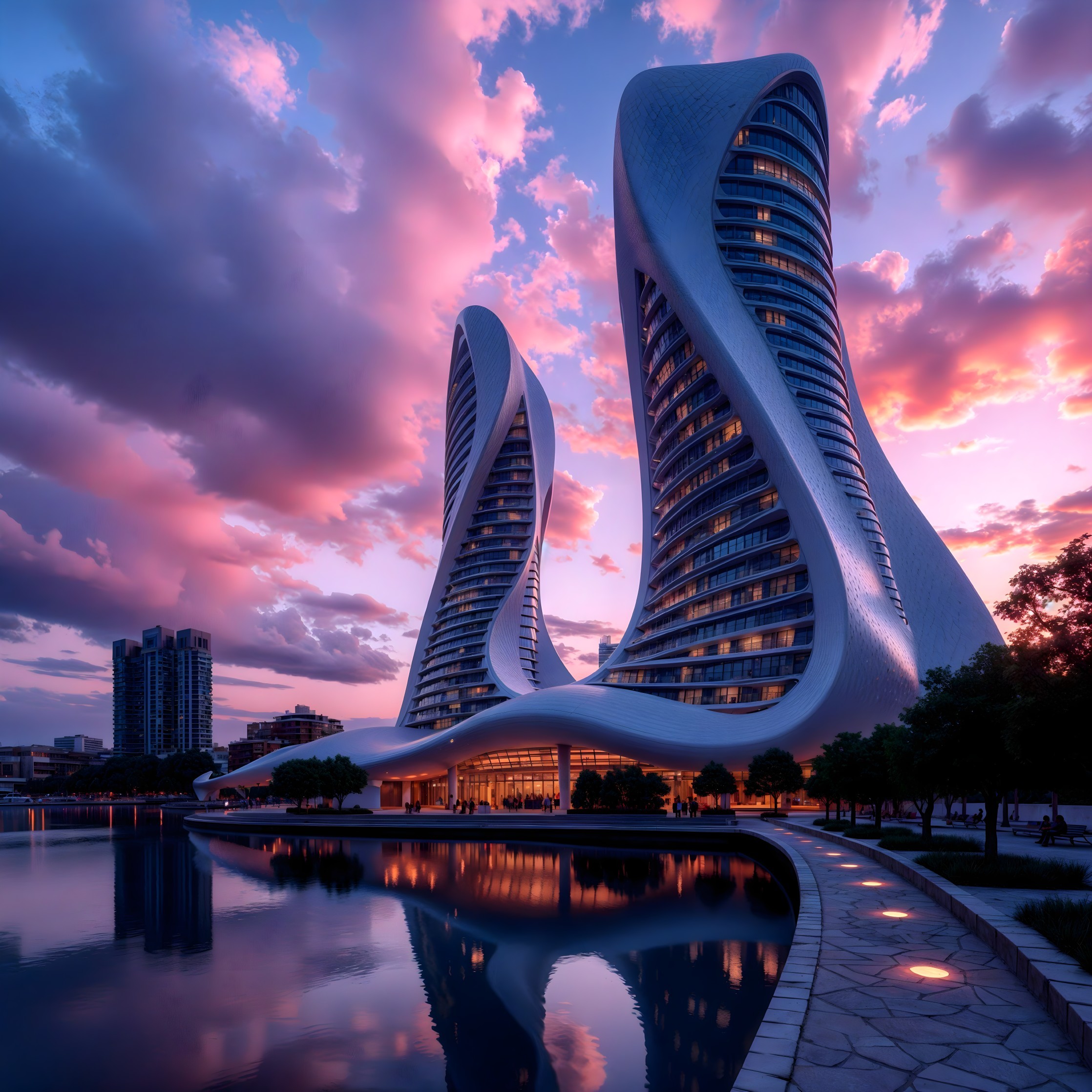 Twisting Towers Against Vibrant Sunset Sky