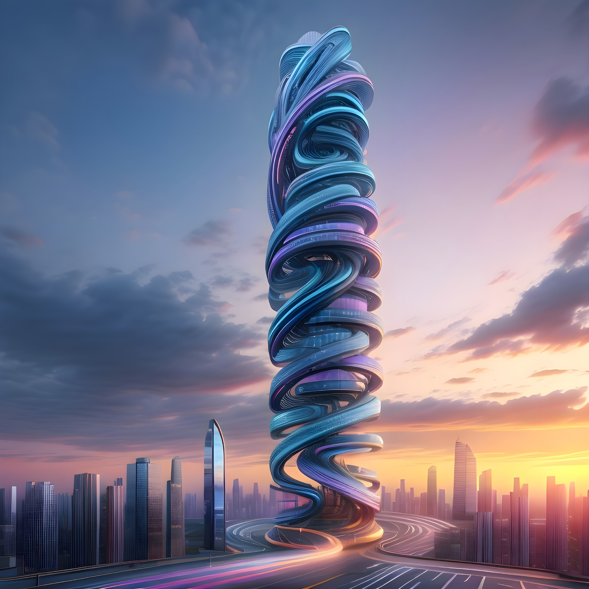 Spiral Skyscraper in Blue and Purple at Sunset