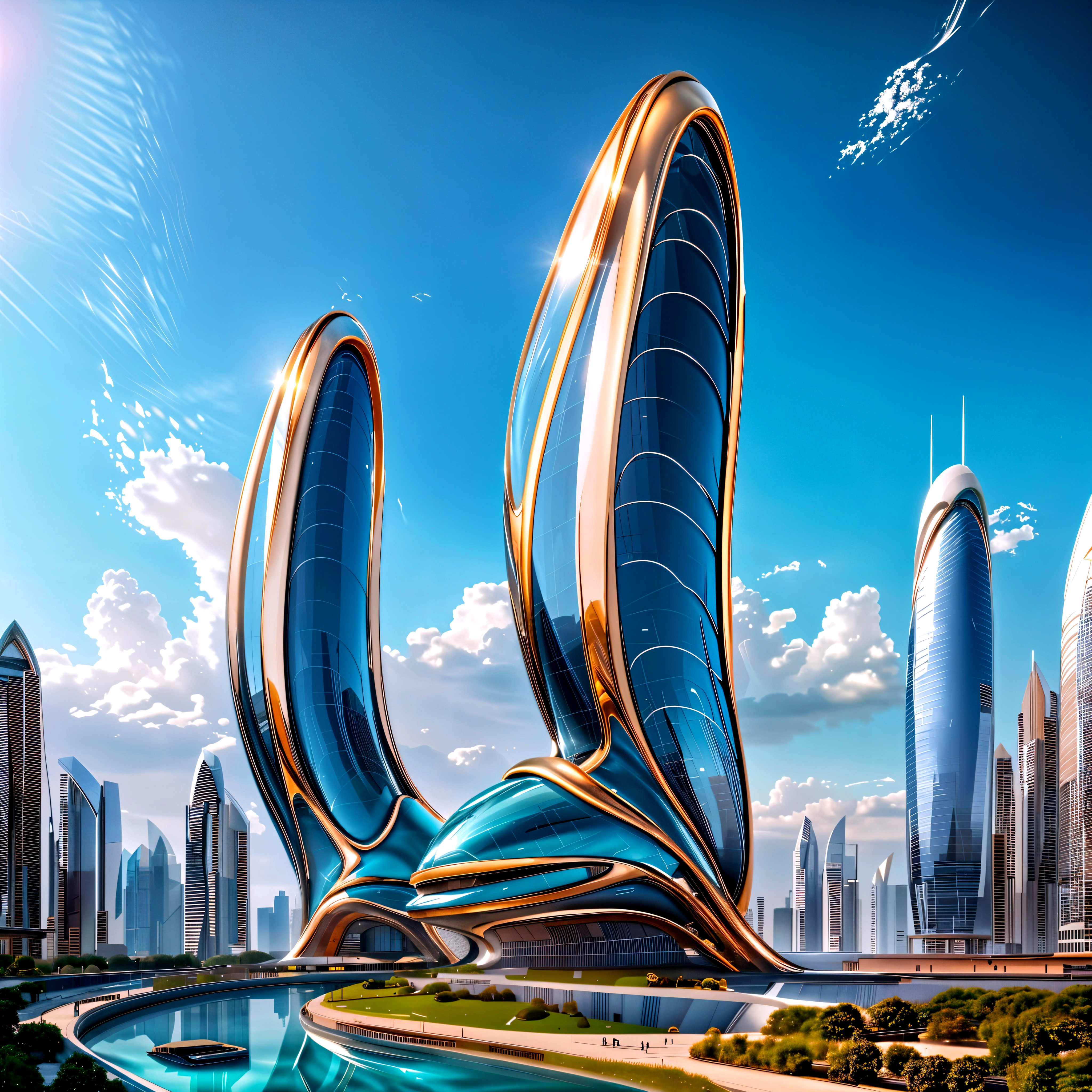 Futuristic cityscape with organic-shaped skyscrapers