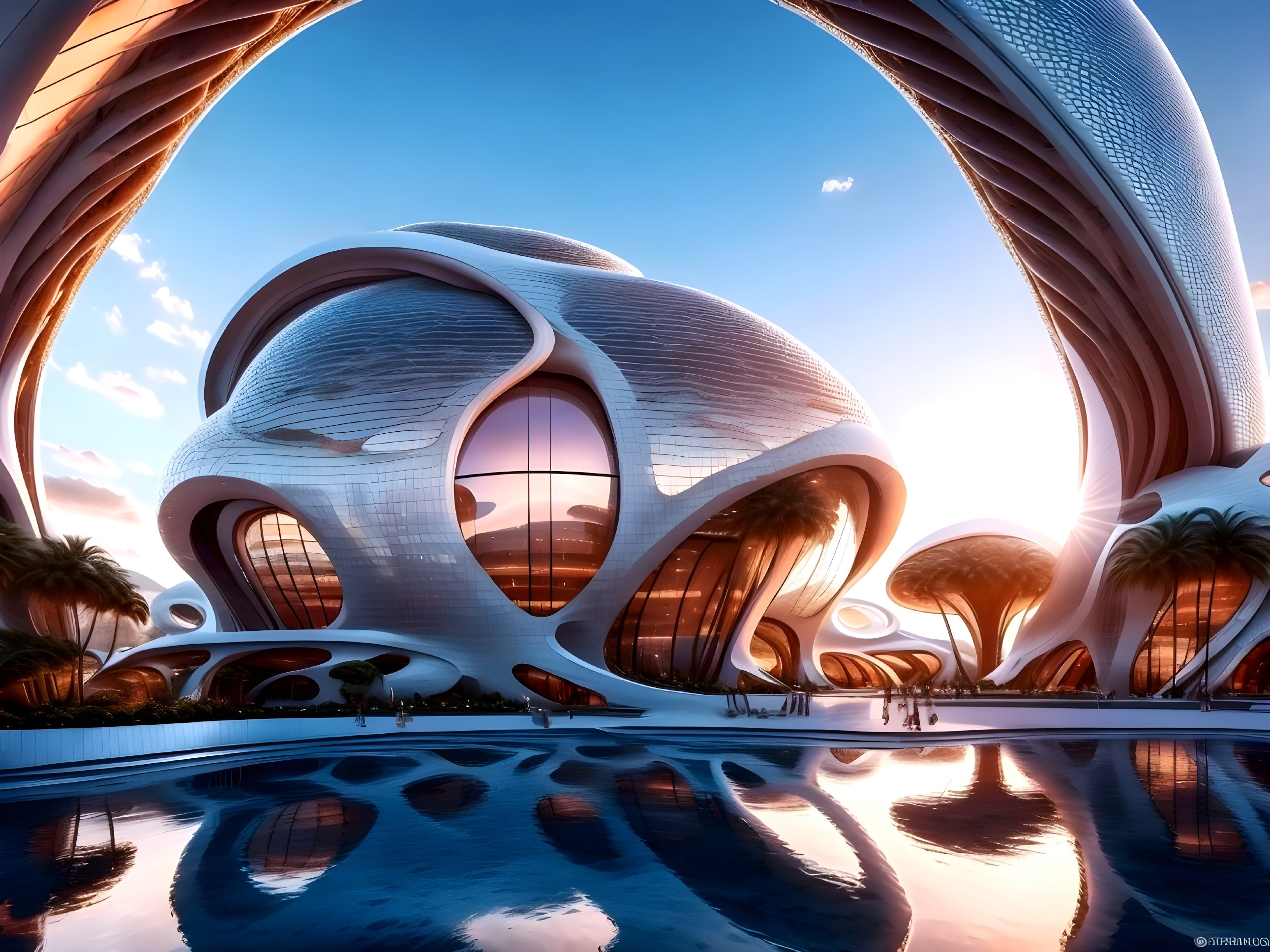 Futuristic Architecture with Organic Shapes and Sunset Glow