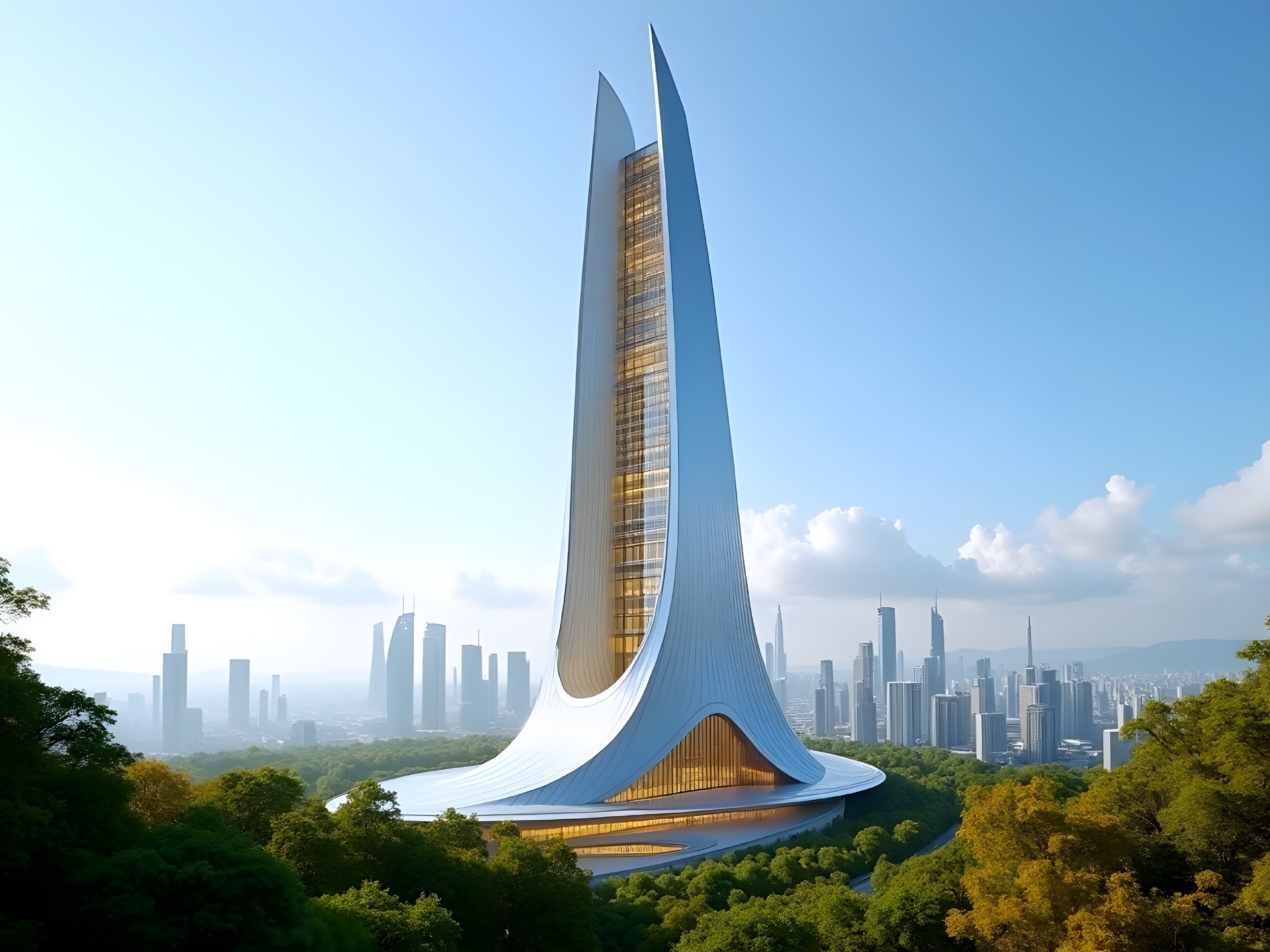 Futuristic Skyscraper with Sleek Design and Greenery