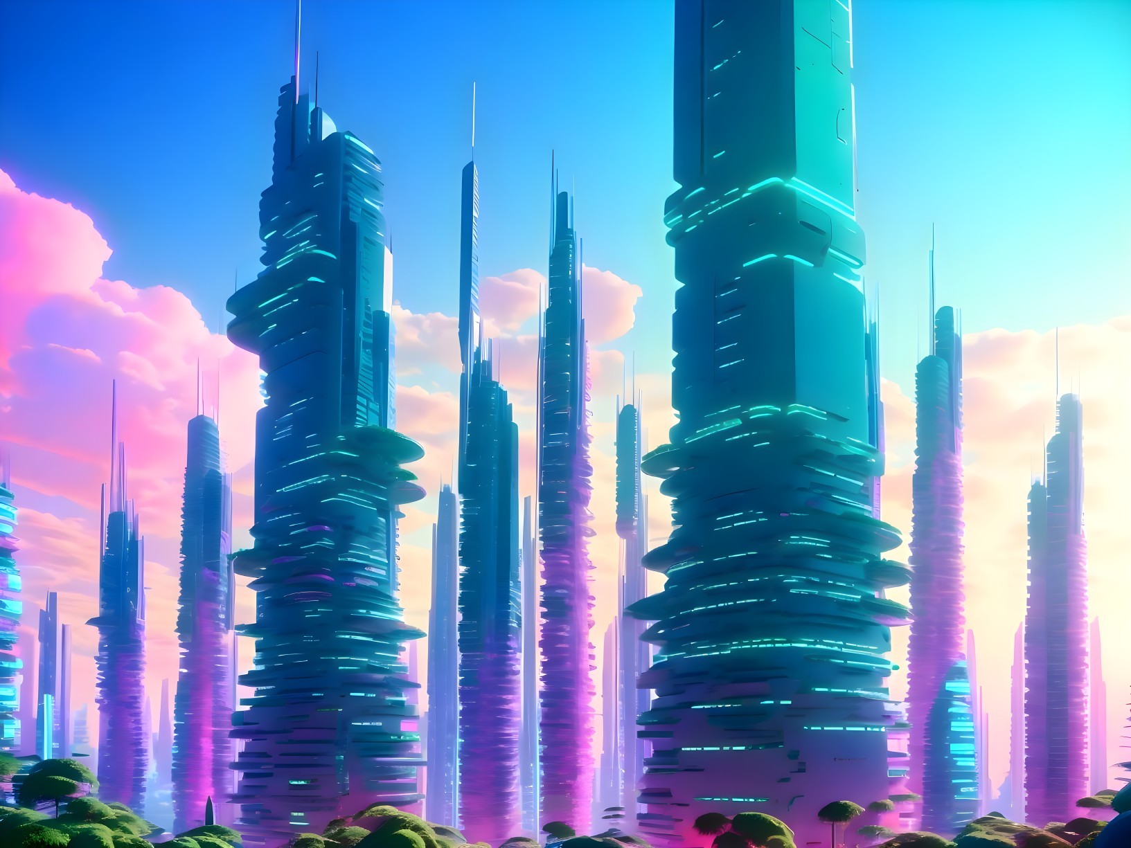Futuristic cityscape with glowing skyscrapers and greenery