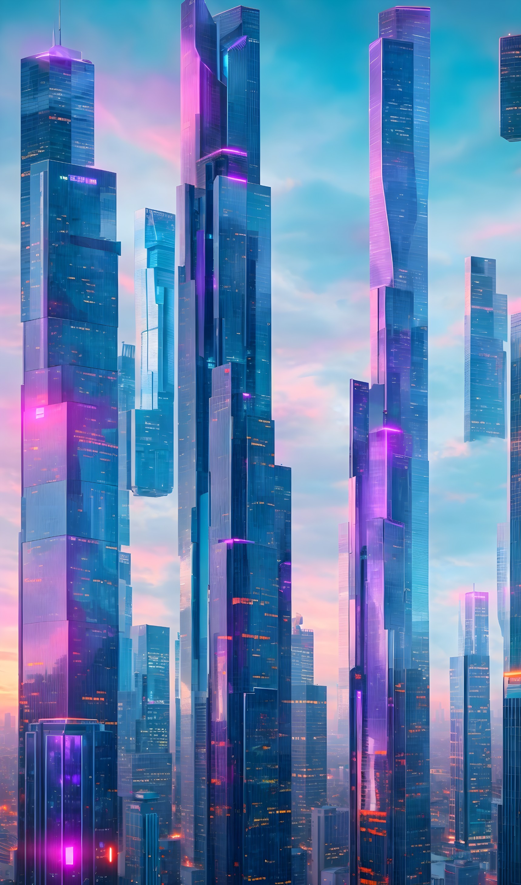 Futuristic Cityscape with Glass Skyscrapers and Clouds