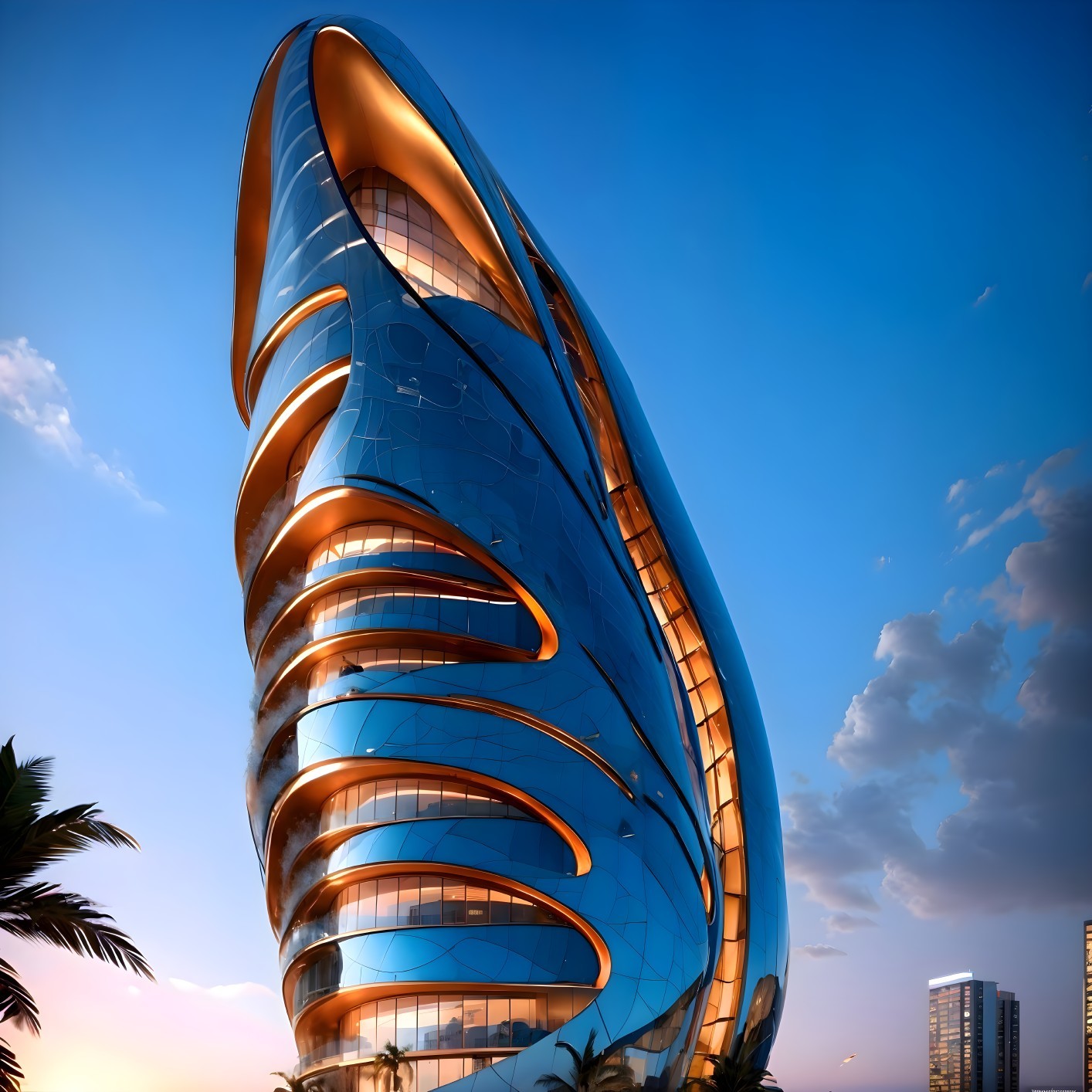 Futuristic building with organic shell-like design