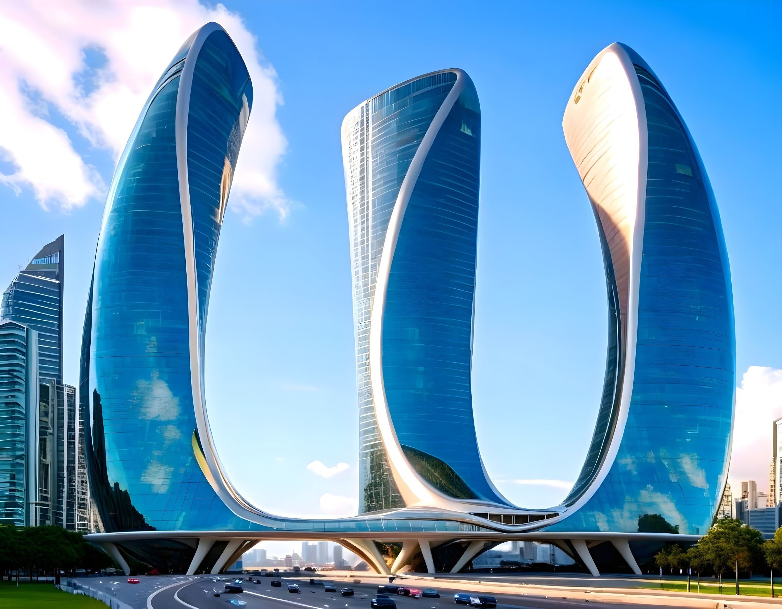 Modern Building with Curved Towers and Glass Facades