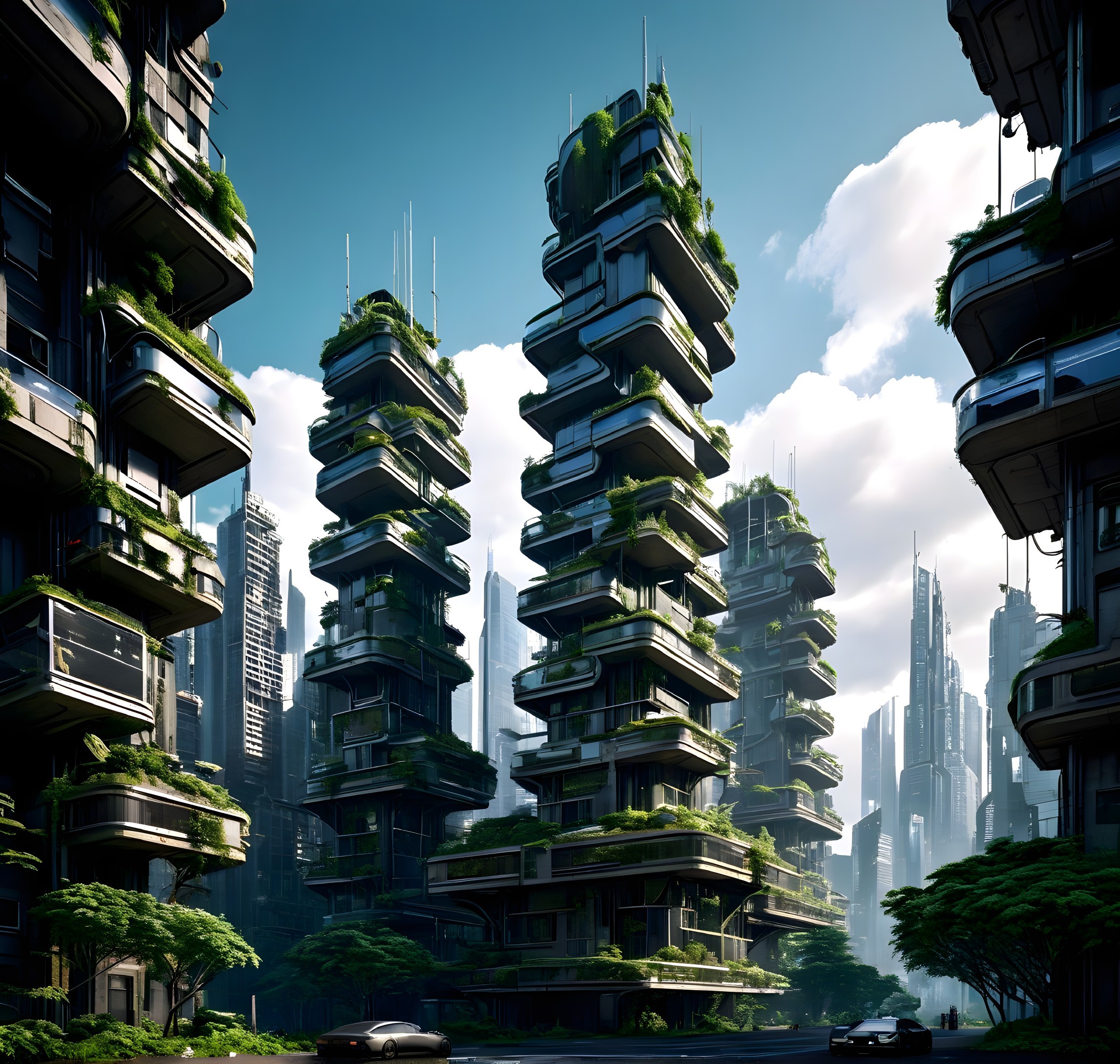 Futuristic Cityscape with Greenery and Modern Architecture