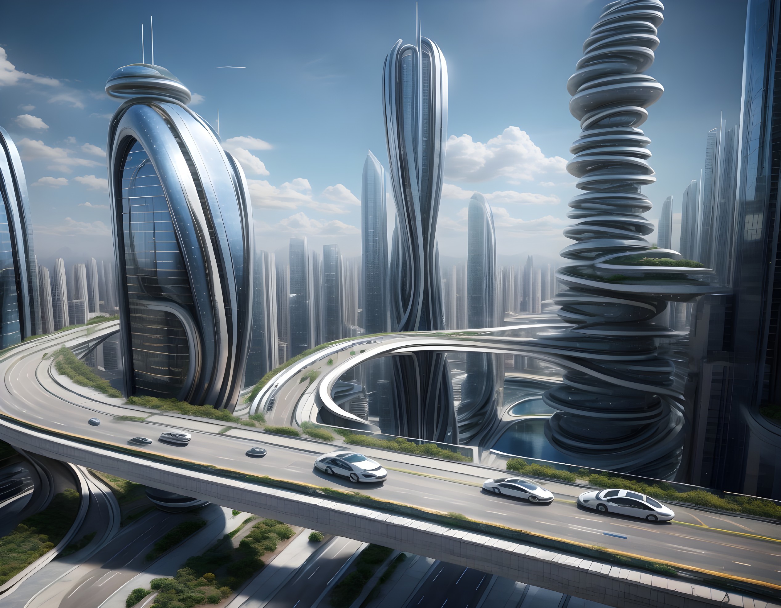 Futuristic cityscape with sleek skyscrapers and greenery