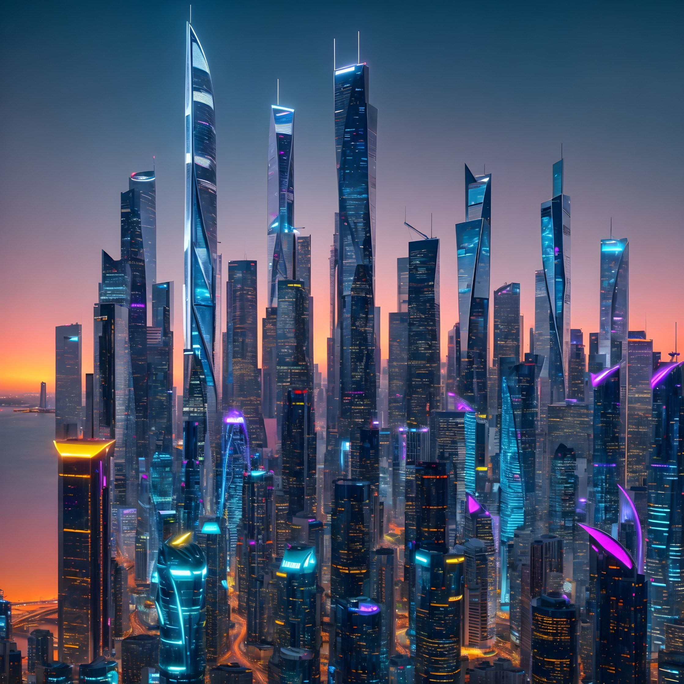 Futuristic Cityscape at Twilight with Neon Lights