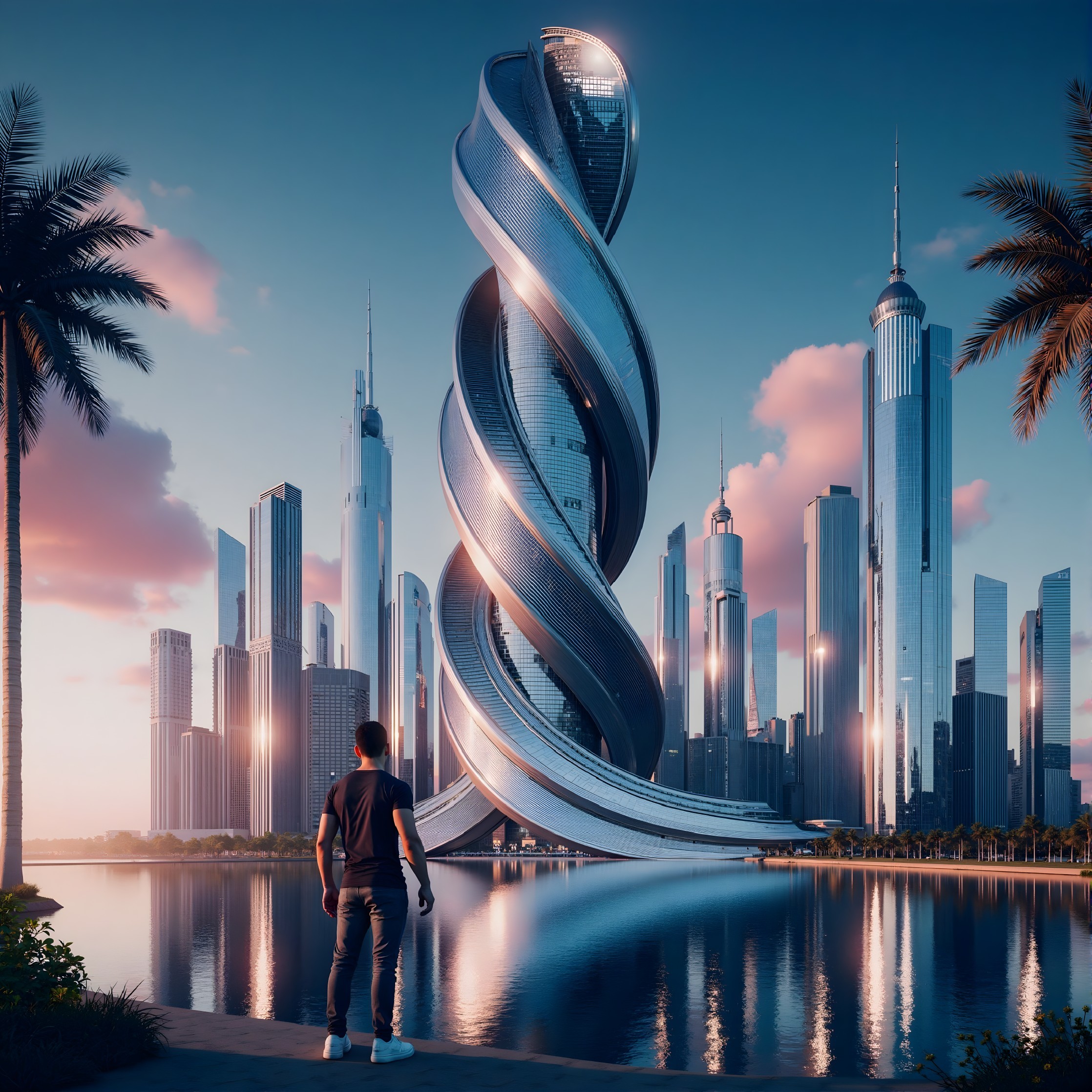 Futuristic cityscape with twisted skyscraper at dawn