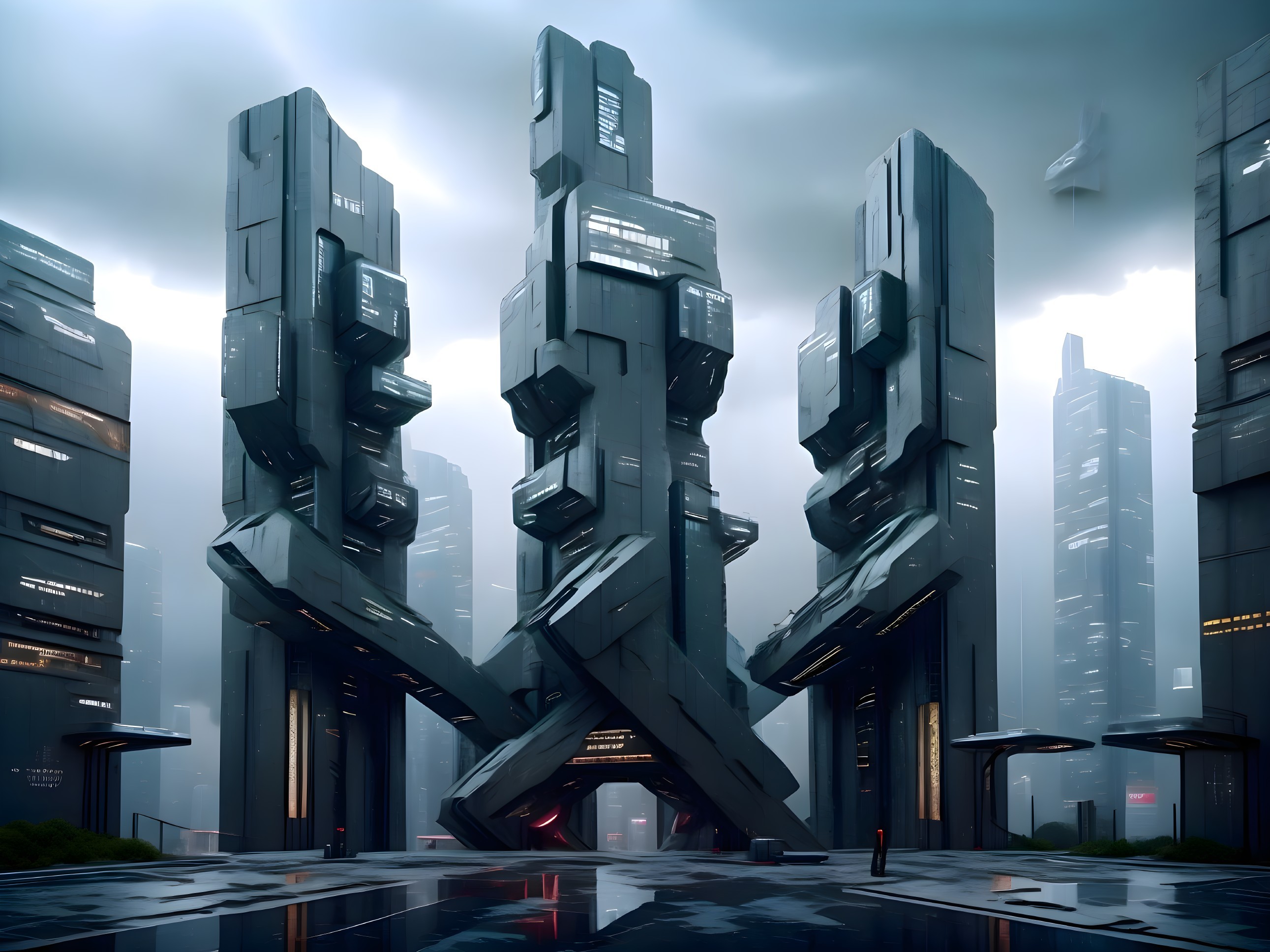 Futuristic cityscape with metallic skyscrapers and greenery