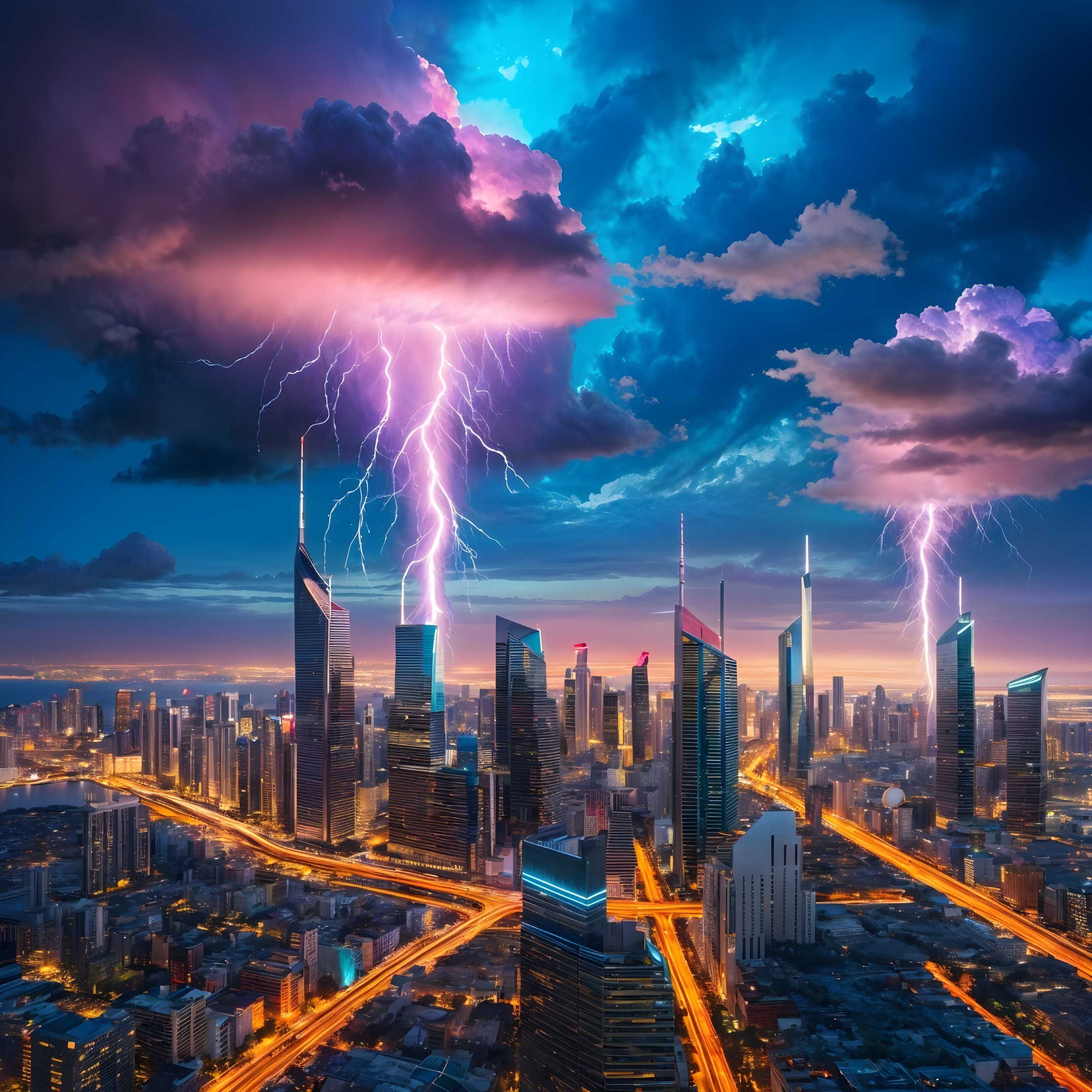 Dramatic Cityscape with Skyscrapers and Stormy Sky