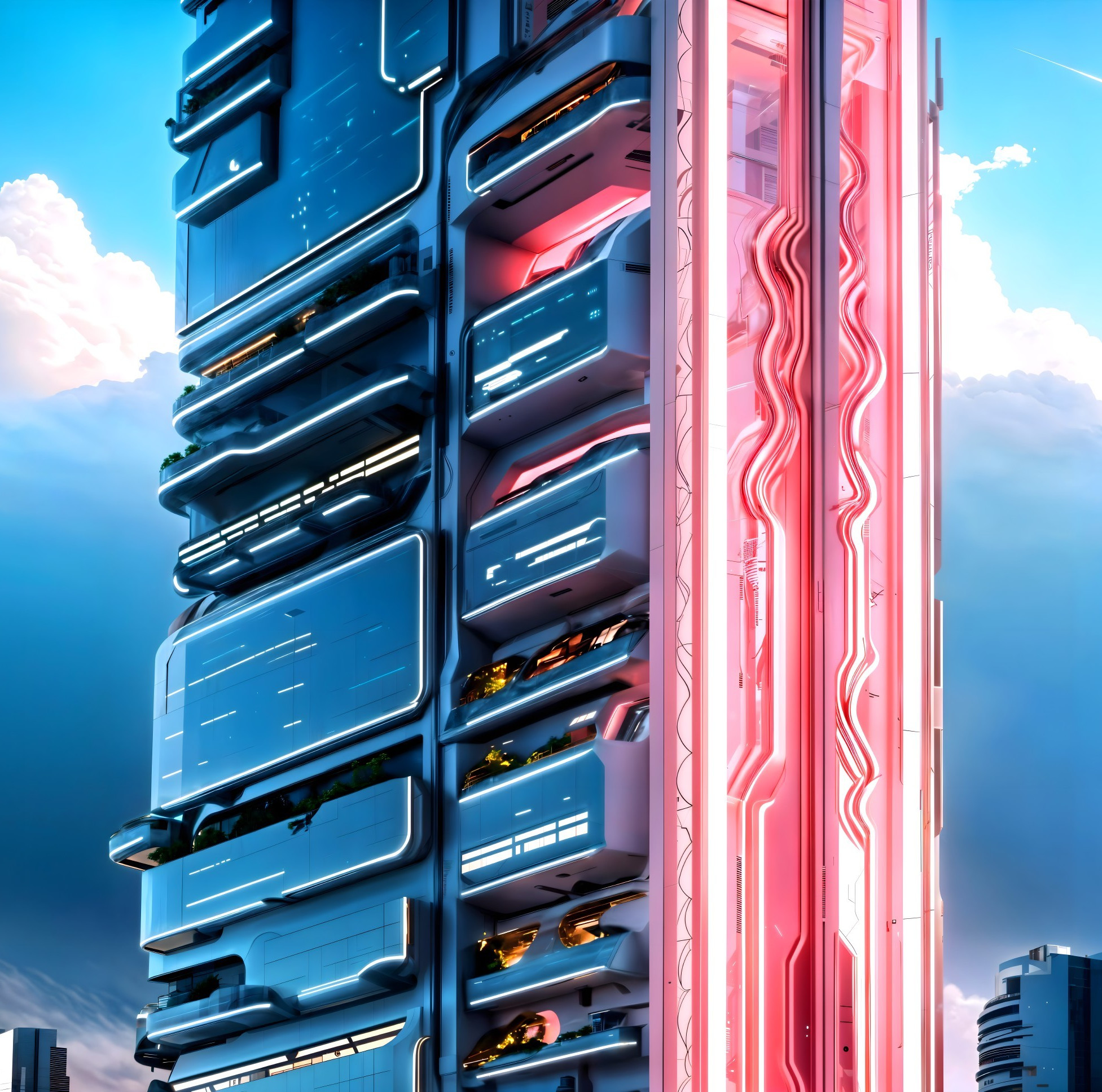 Futuristic Skyscraper with Glass Panels and Neon Accents