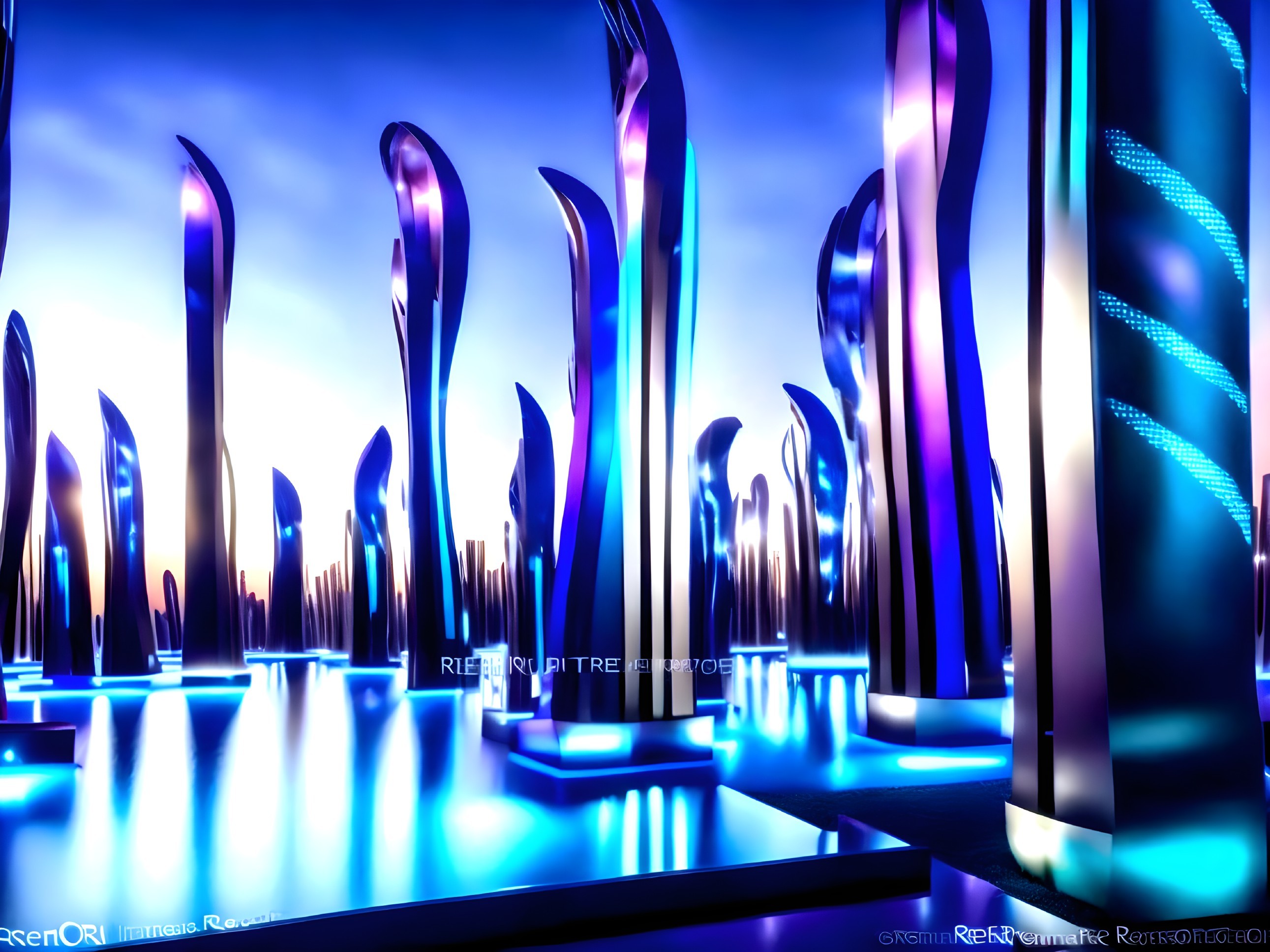 Futuristic landscape with illuminated pillars at twilight