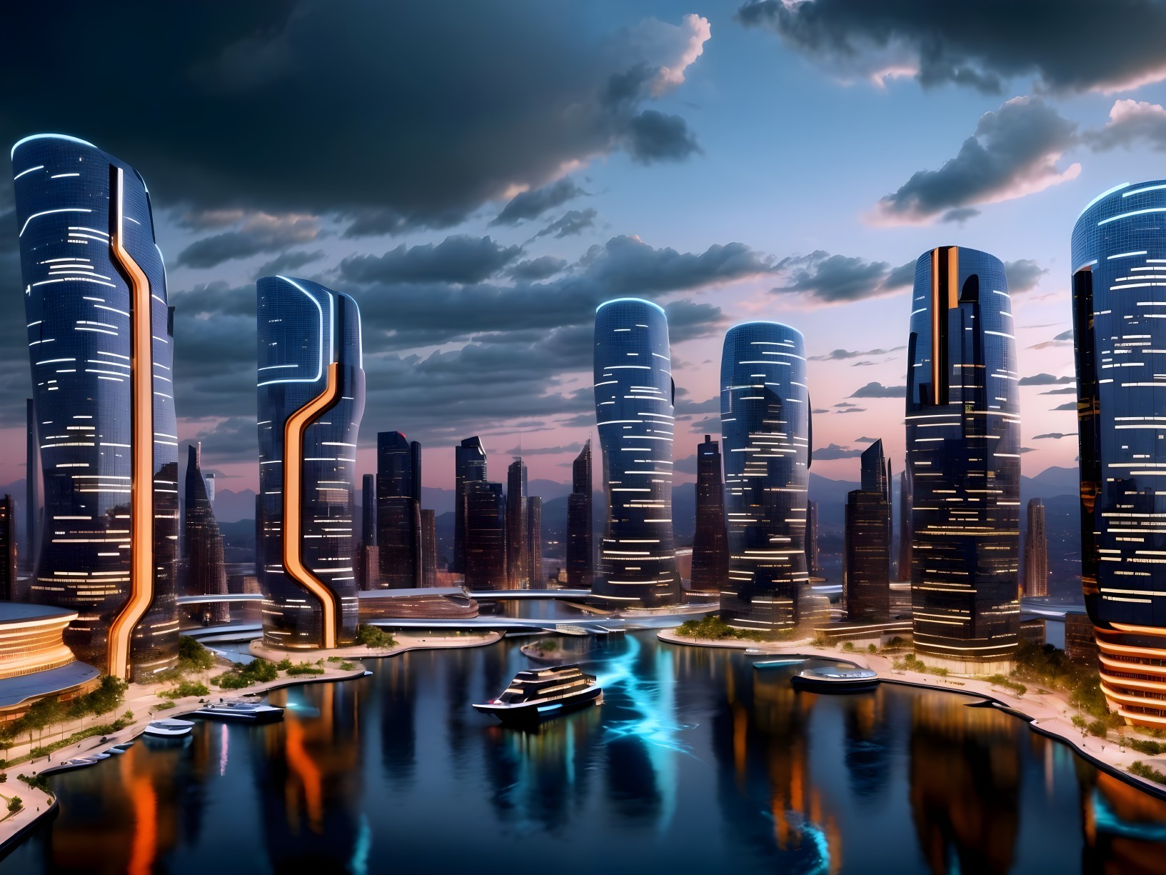 Futuristic cityscape at sunset with skyscrapers and yacht