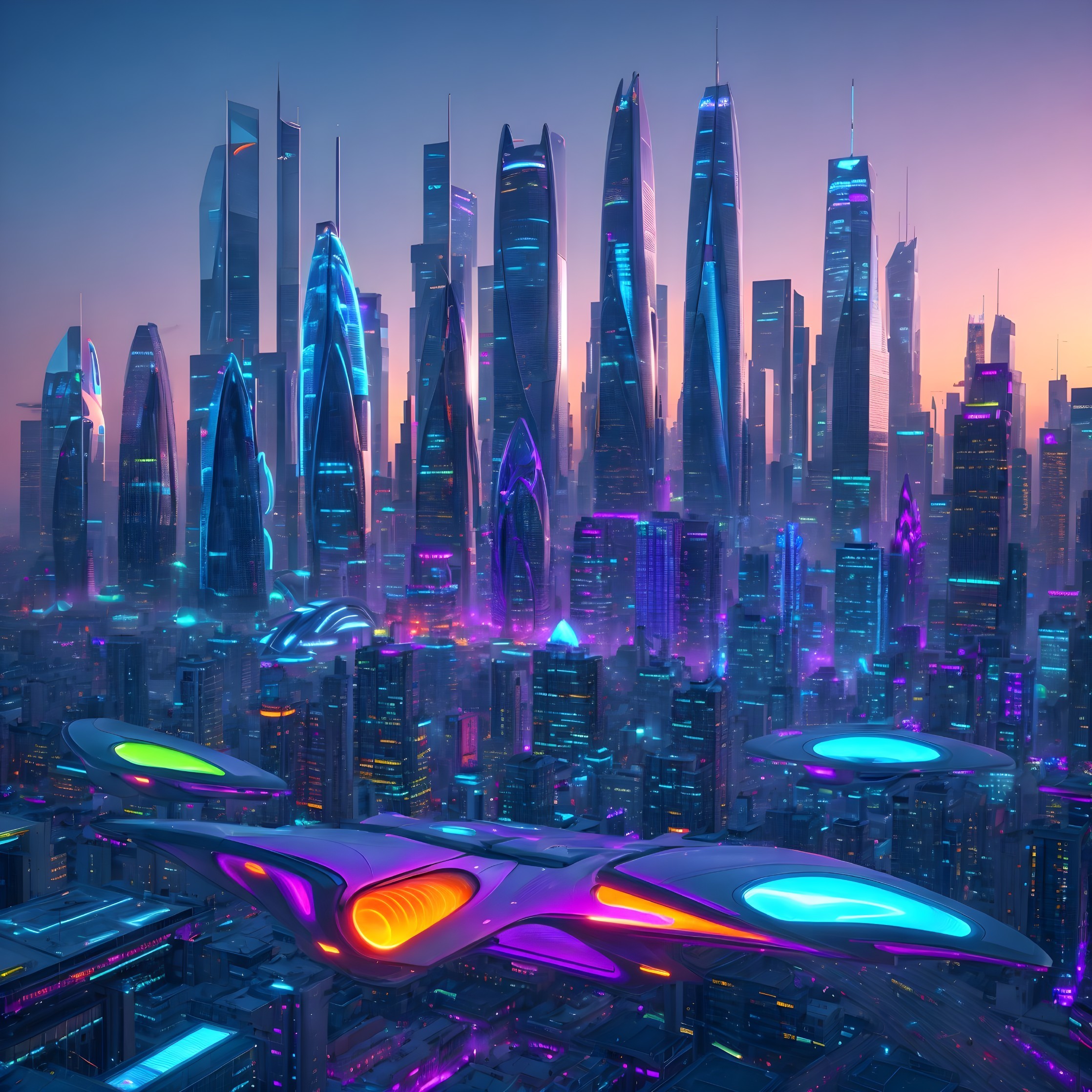 Futuristic cityscape with neon lights and skyscrapers