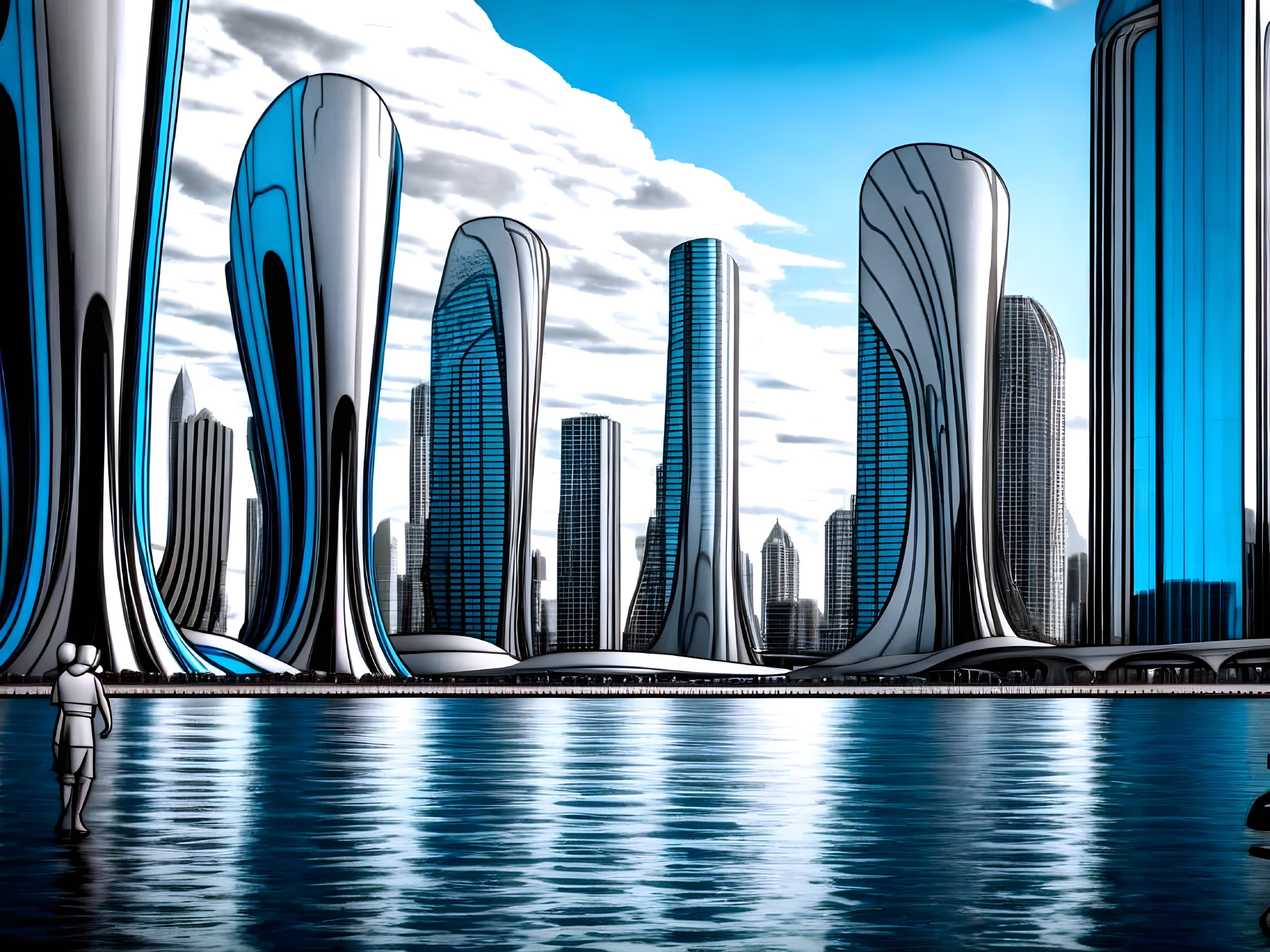 Futuristic cityscape with organic skyscrapers and water