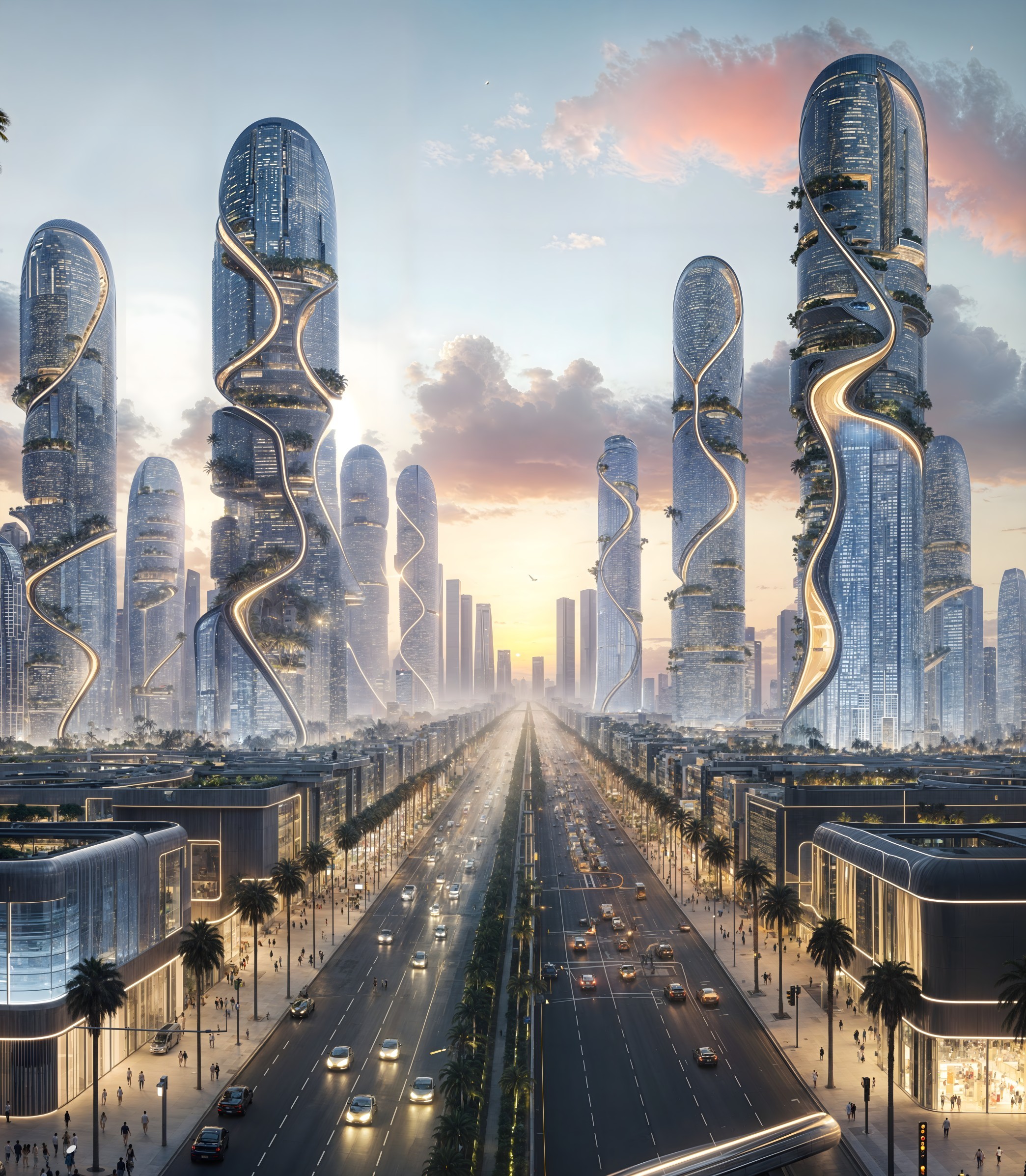 Futuristic cityscape with twisting skyscrapers and sunset