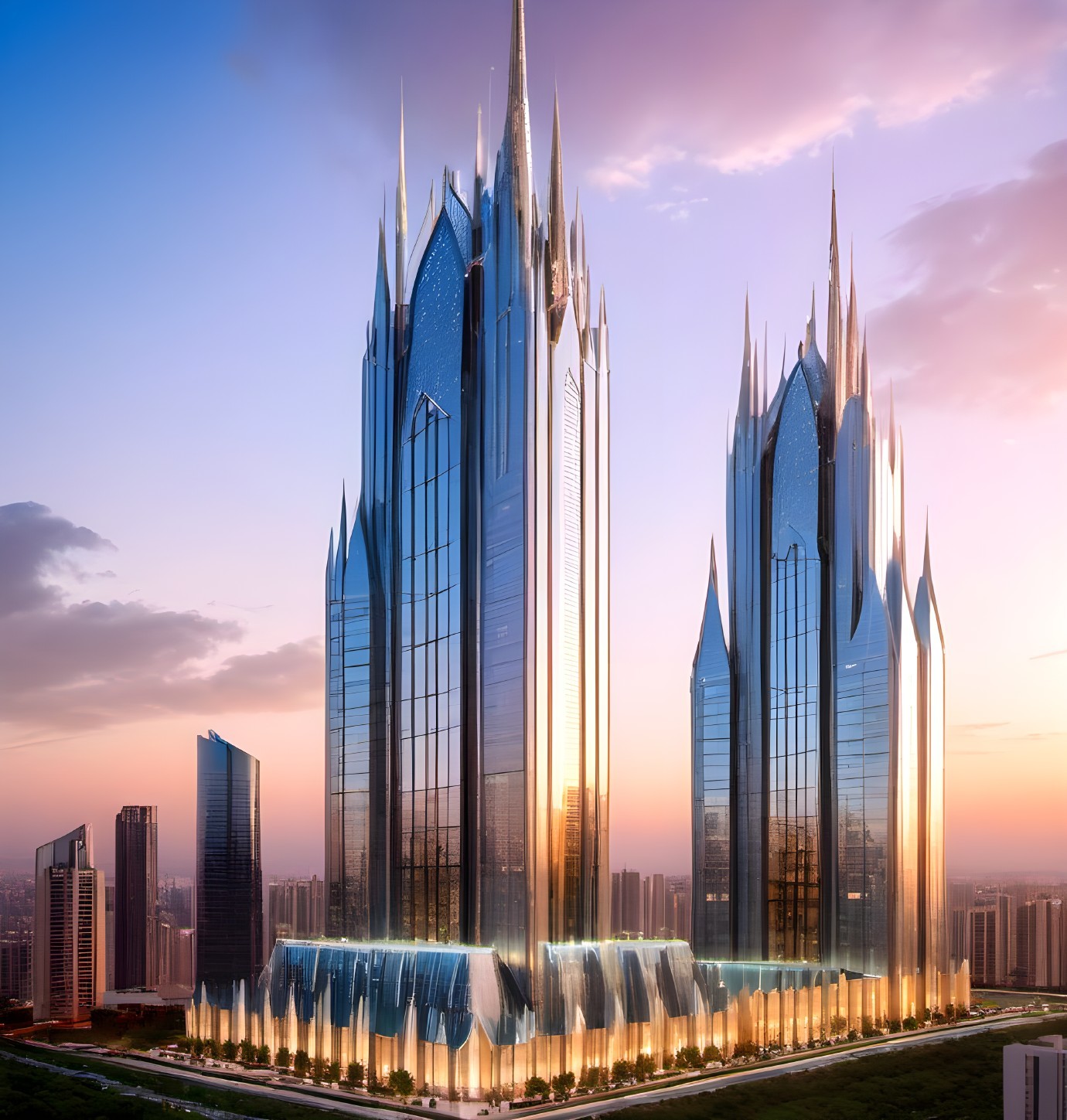 Modern Skyscraper Duo with Pointed Spires at Sunset