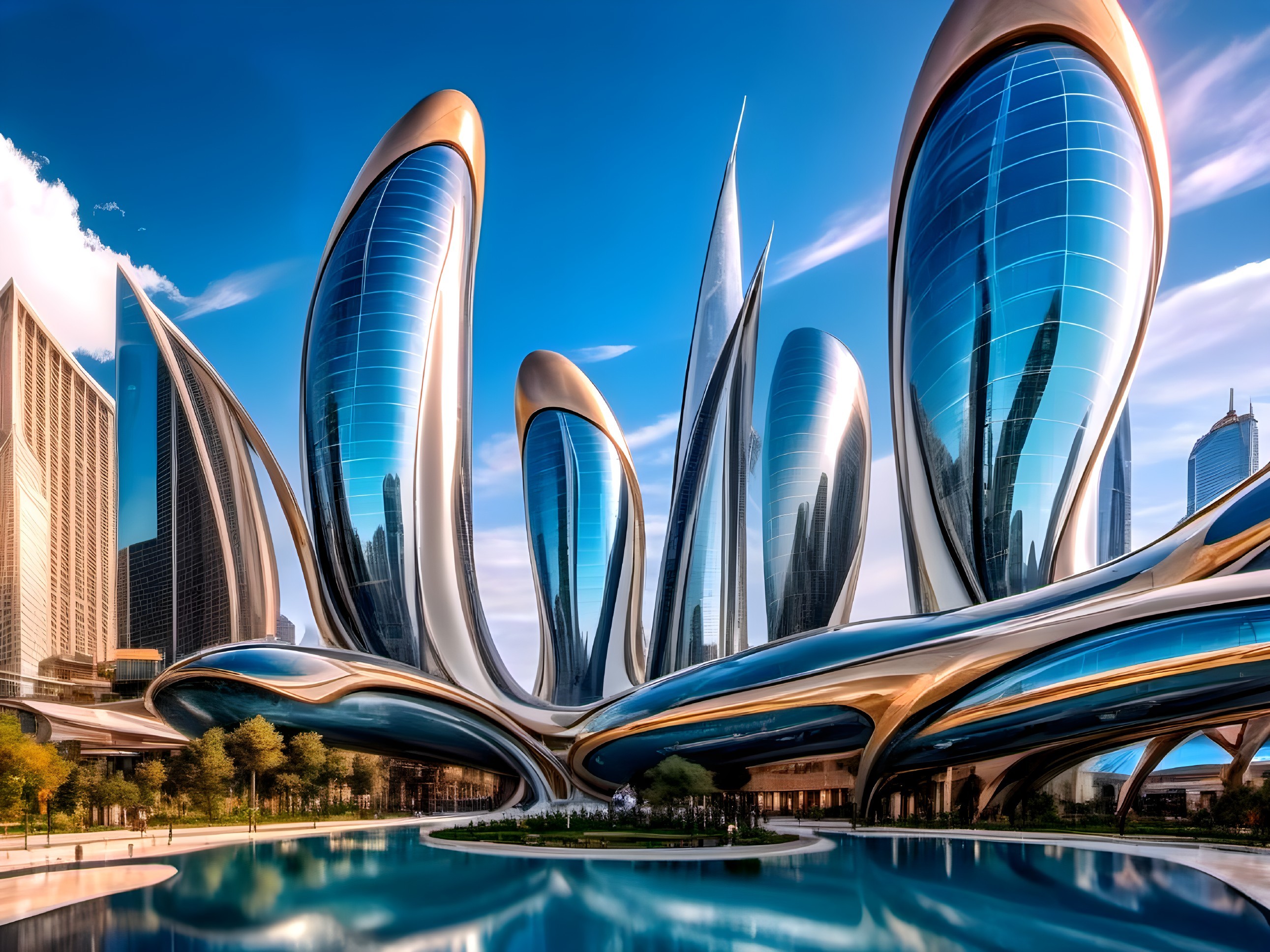 Futuristic cityscape with curvilinear skyscrapers and water