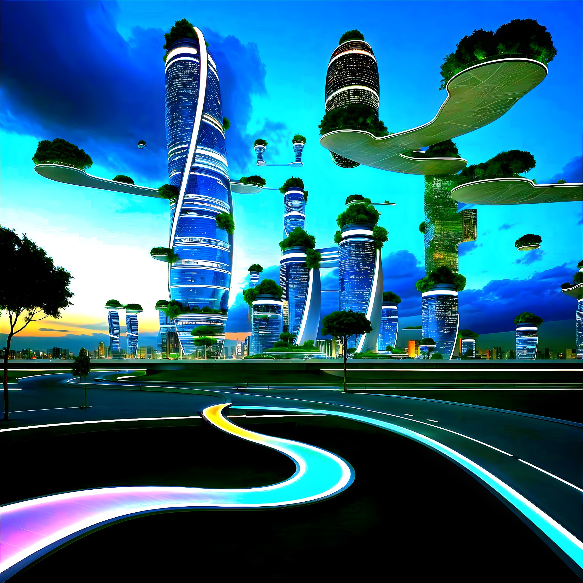 Futuristic cityscape with skyscrapers and green terraces
