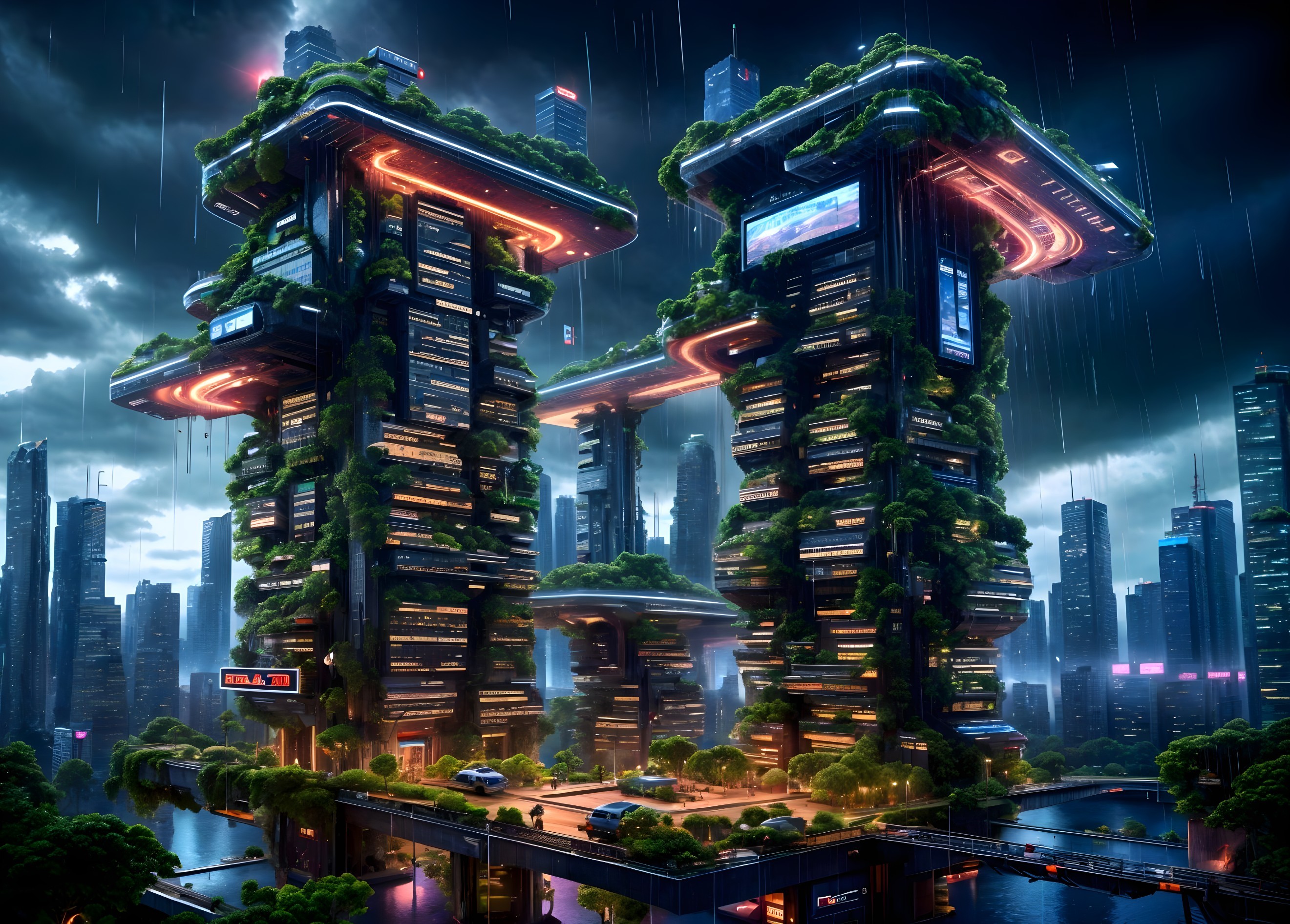 Futuristic cityscape with skyscrapers and greenery