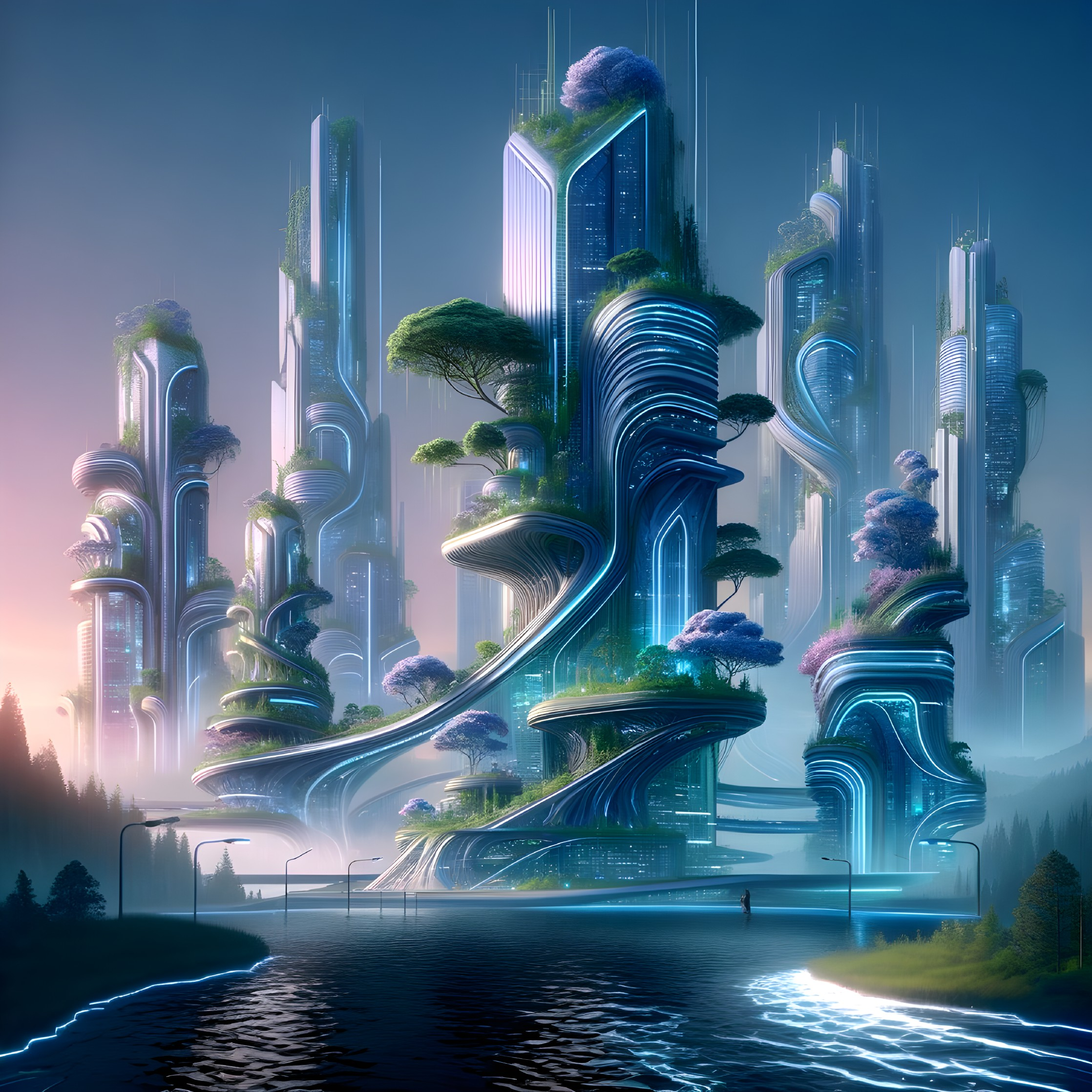 Futuristic cityscape with lush greenery and water reflections