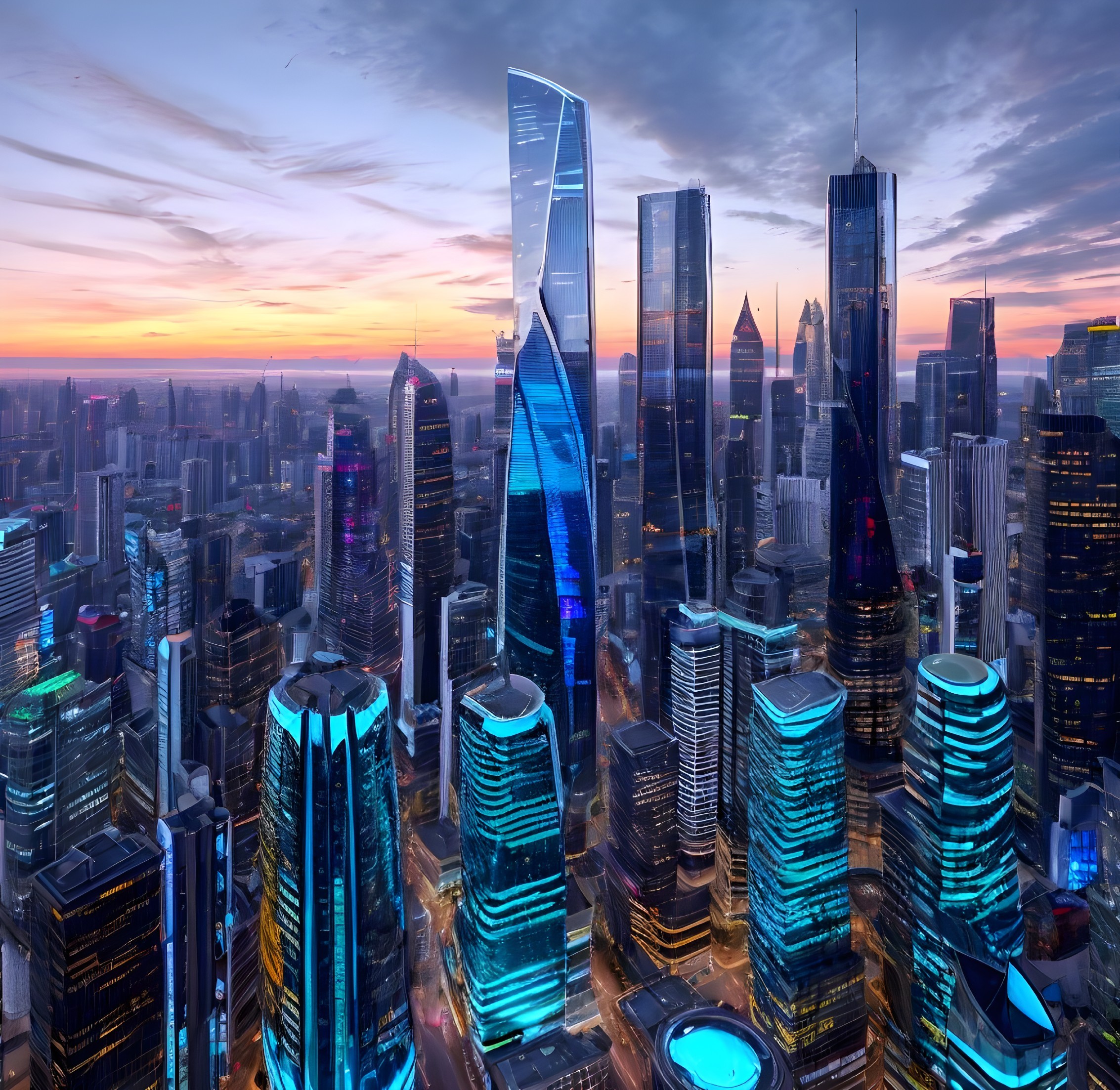 Dusk Skyline Featuring Modern Skyscrapers and Lighting