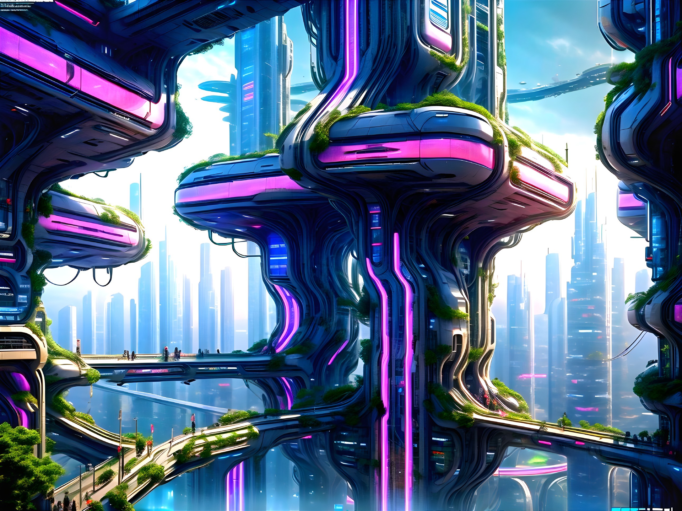 Futuristic cityscape with vibrant lights and greenery