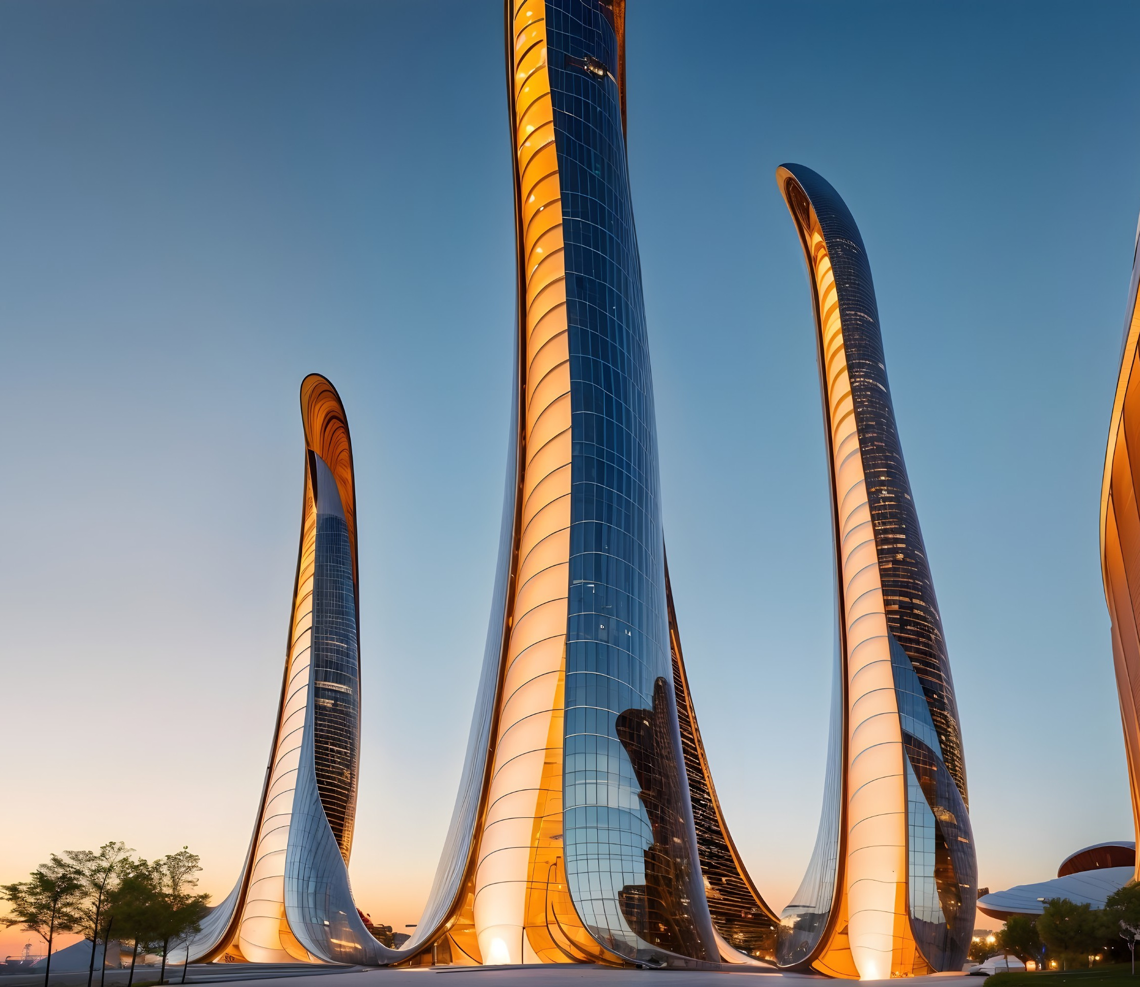 Futuristic Three-Tower Architectural Design at Sunset