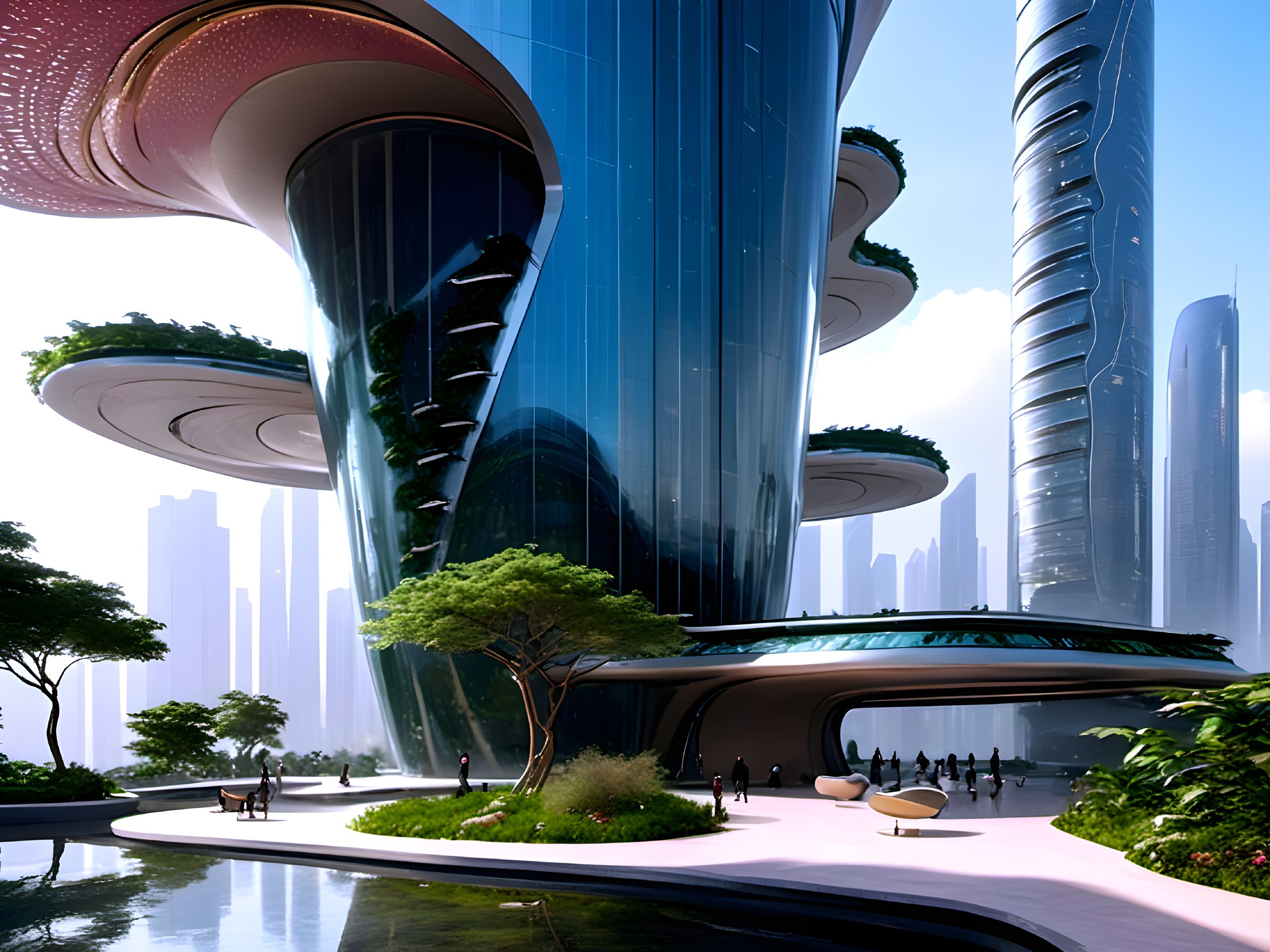 Futuristic Architectural Design with Glass Towers and Gardens