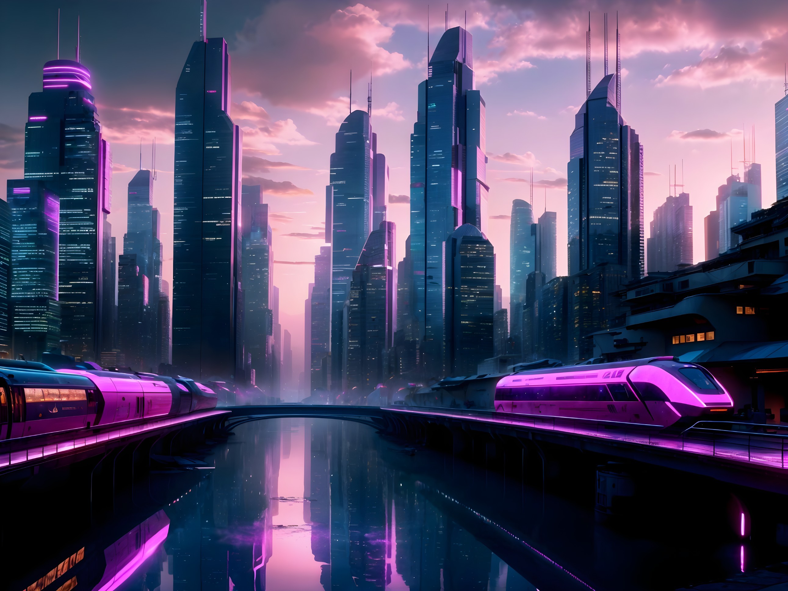 Futuristic cityscape with purple hues and skyscrapers