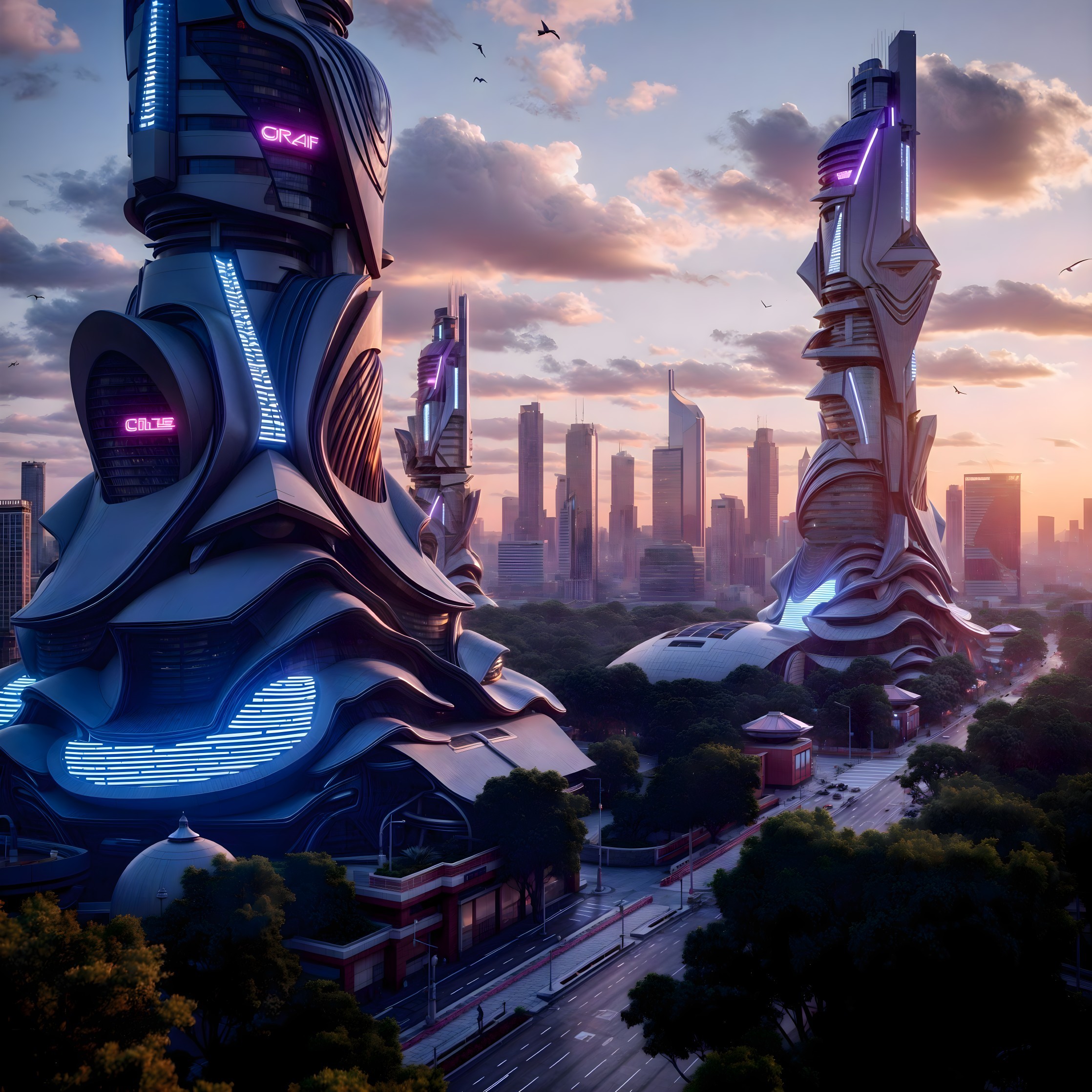 Futuristic Cityscape with Skyscrapers and Neon Lights